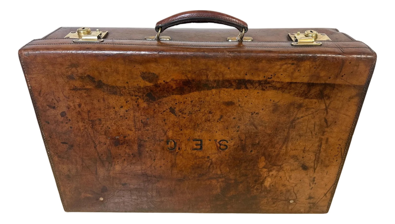 Edwardian English Leather & Brass Suitcase by Army & Navy CSL London Circa 1910 (1 of 18)