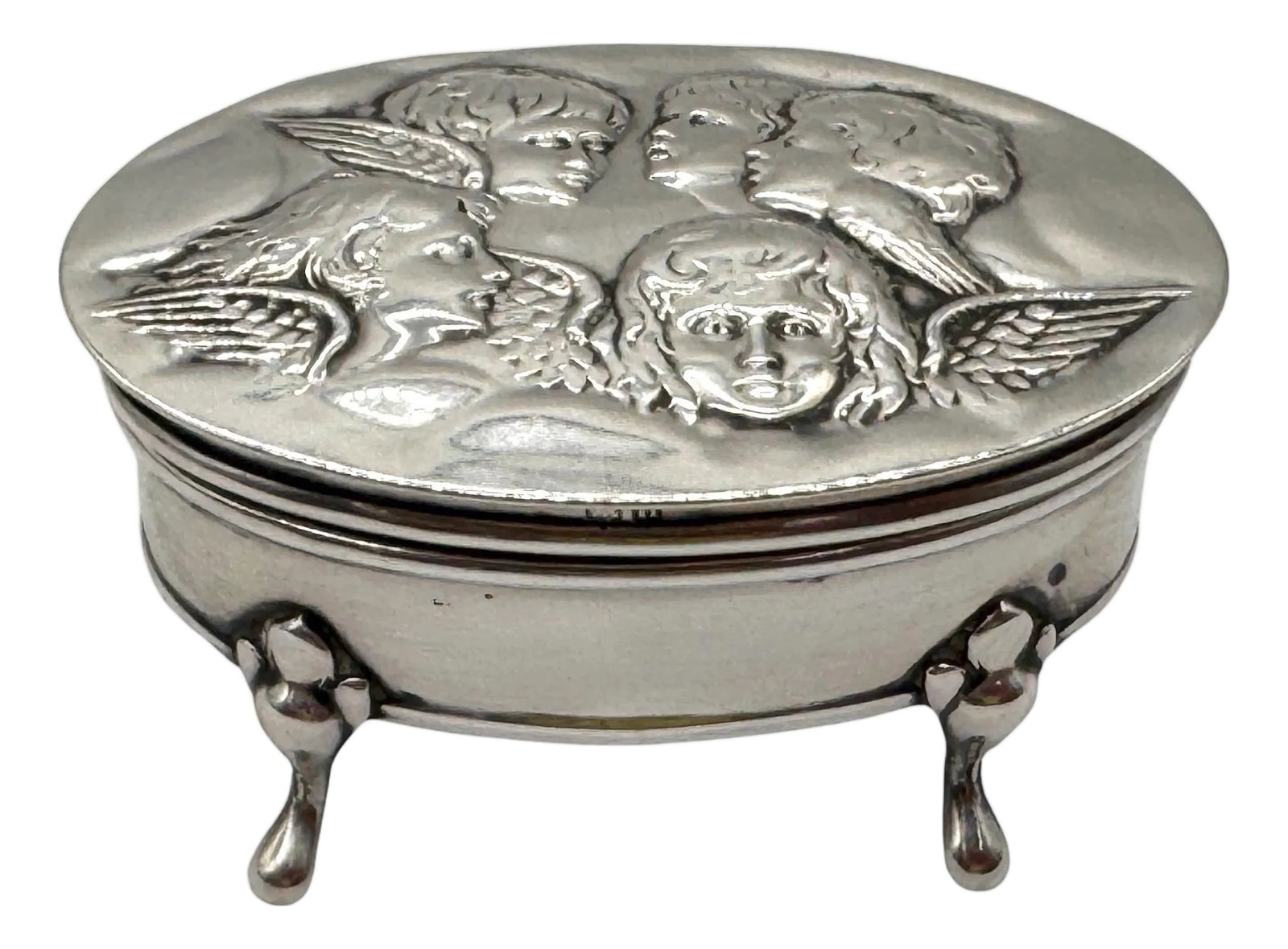 Edwardian Sterling Silver Oval Trinket Box Raphael Angel Heads, Birmingham, 1912 (1 of 18)
