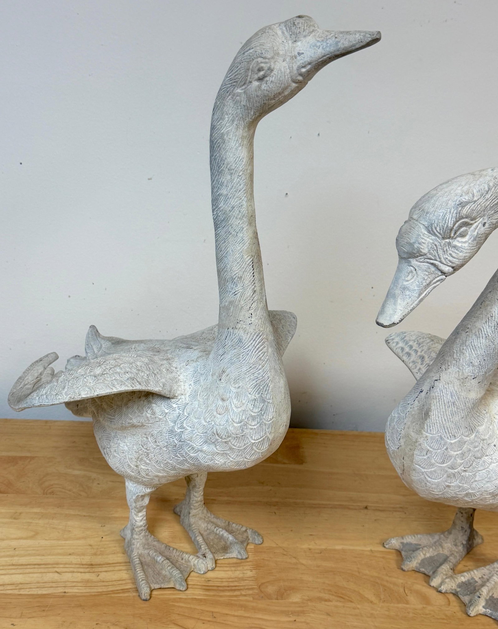 Pair 20th C. Zinc Alloy Swan Garden Sculptures Good Scale & Weathered Surface - 12