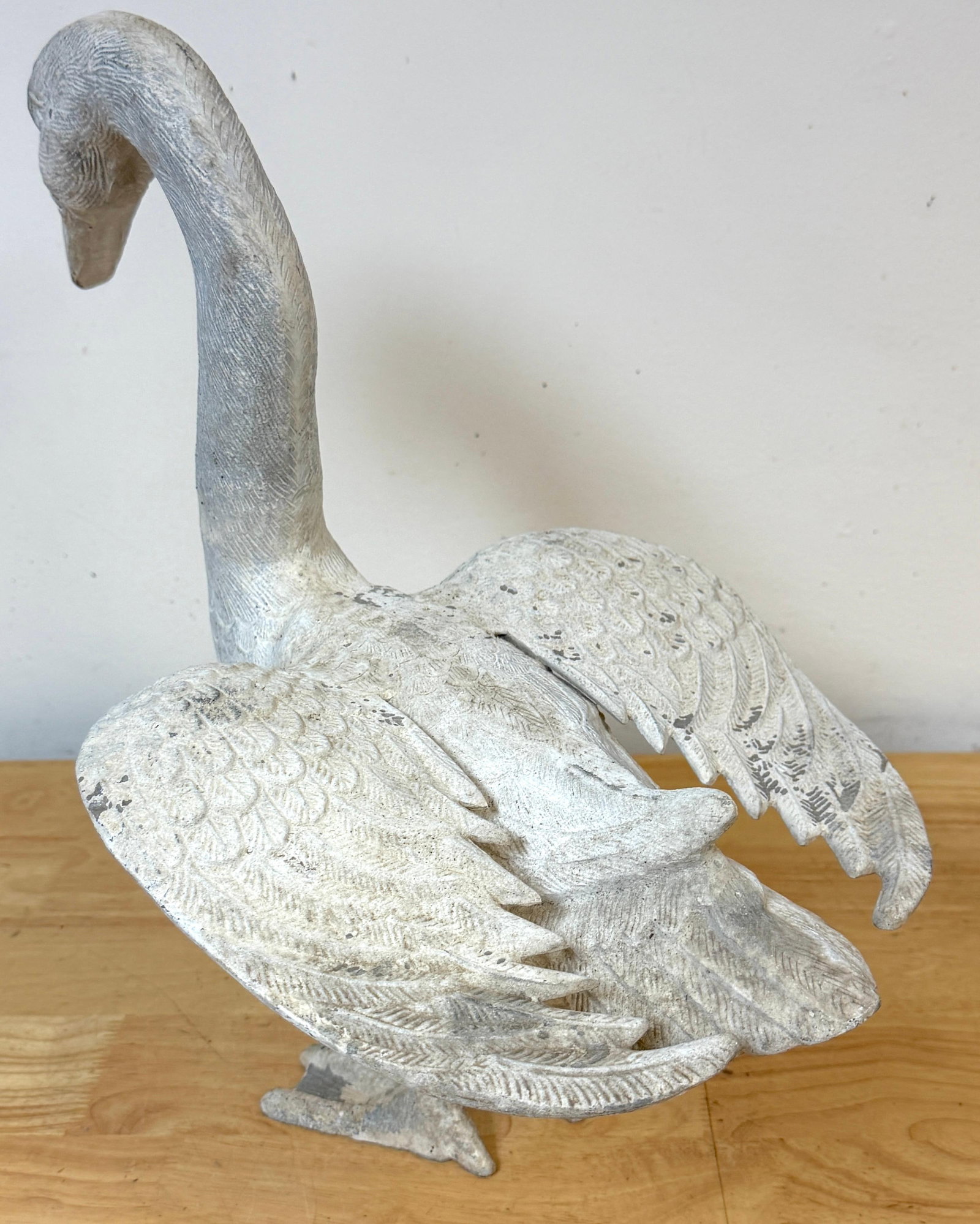 Pair 20th C. Zinc Alloy Swan Garden Sculptures Good Scale & Weathered Surface - 7
