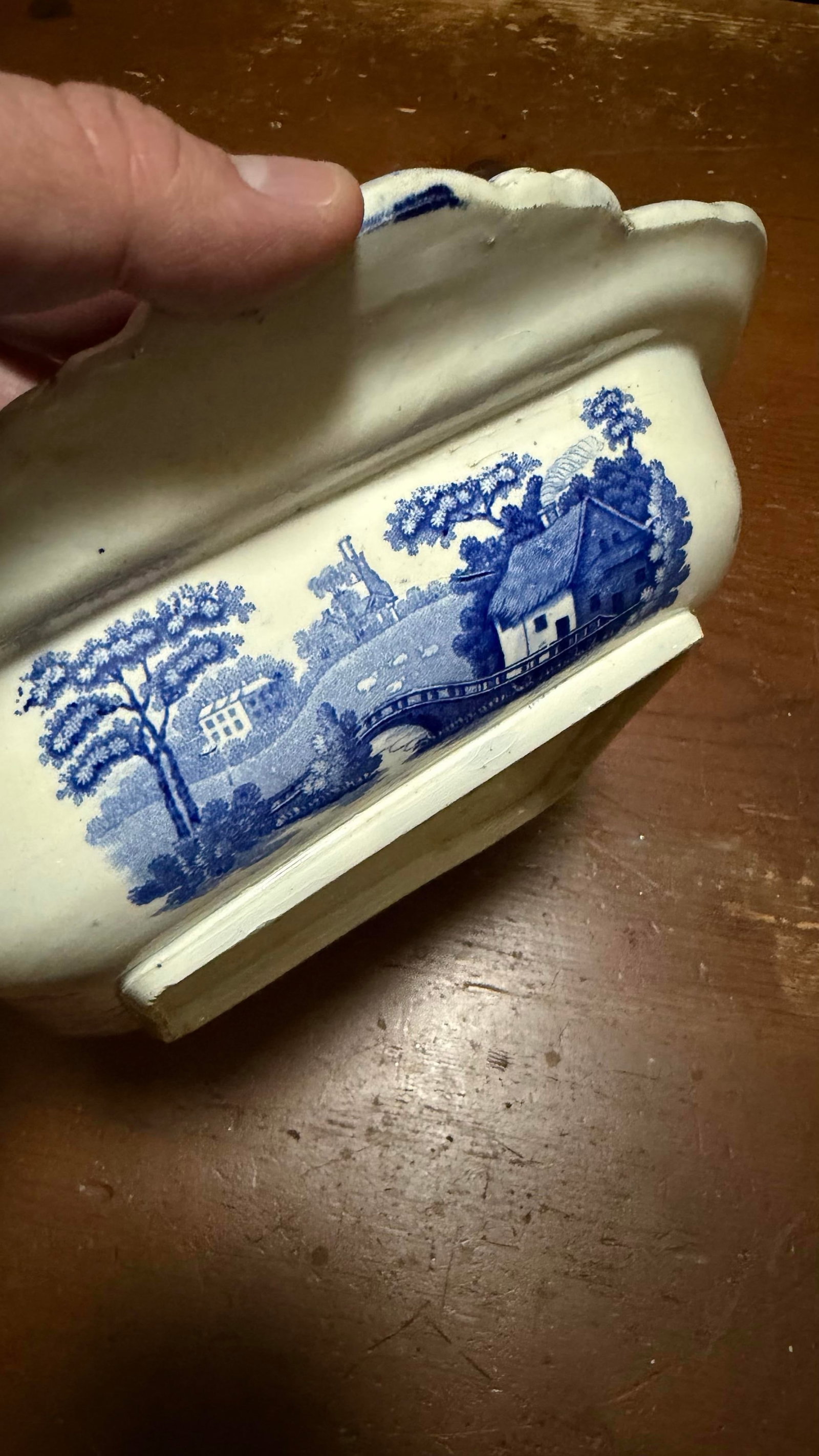 Antique Blue Transfer Decorated Pearlware Covered Vegetable Dish, "Wild Rose" Pattern, Circa 183 - 10