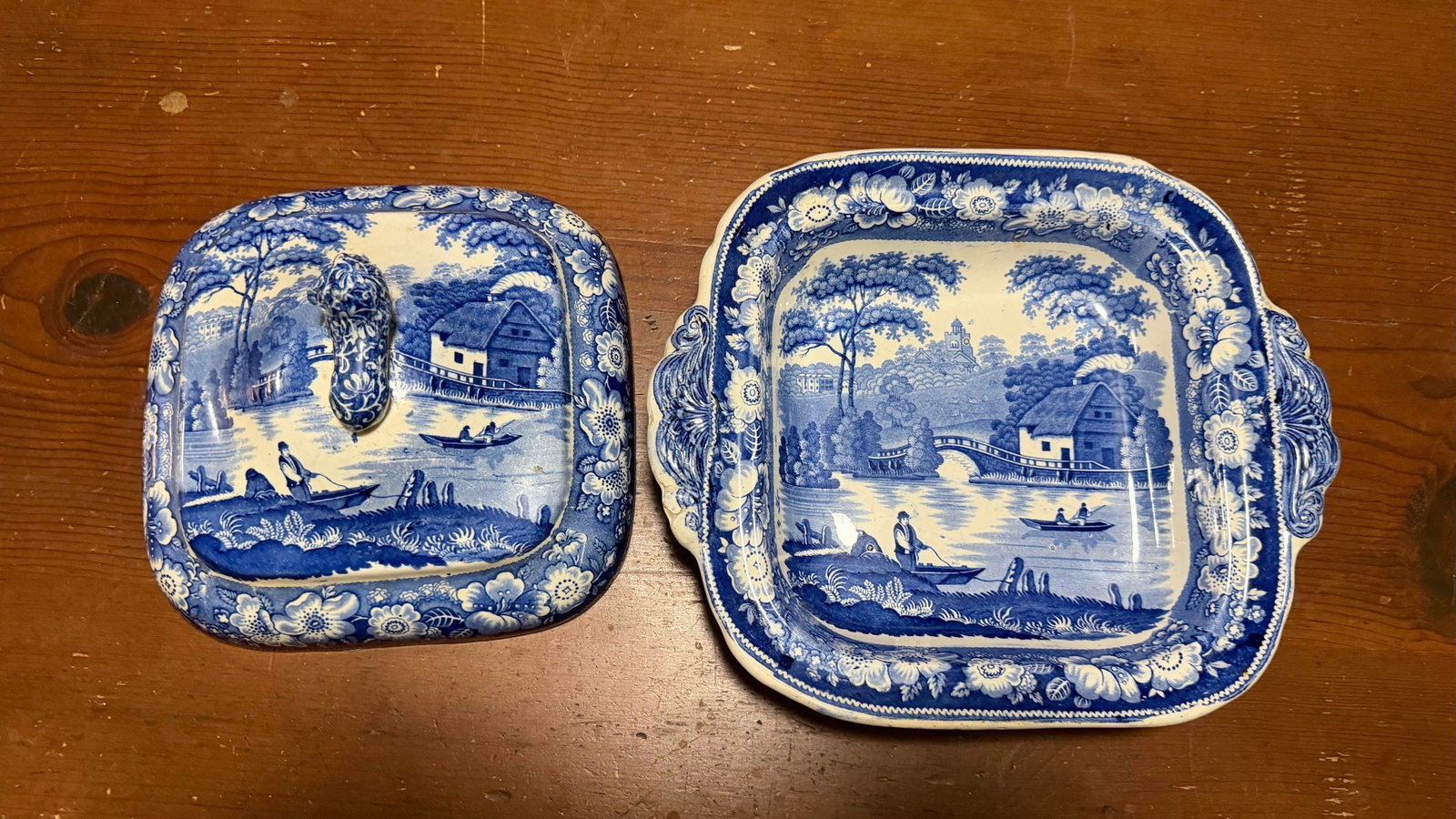 Antique Blue Transfer Decorated Pearlware Covered Vegetable Dish, "Wild Rose" Pattern, Circa 183 - 11