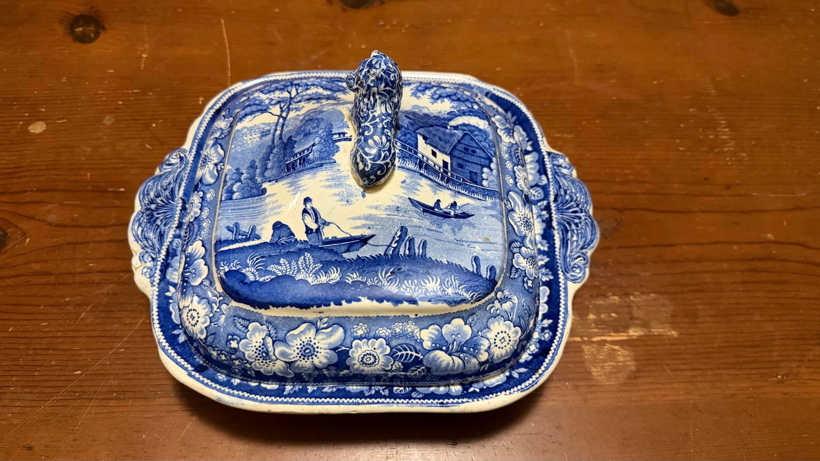 Antique Blue Transfer Decorated Pearlware Covered Vegetable Dish, "Wild Rose" Pattern, Circa 183 - 12