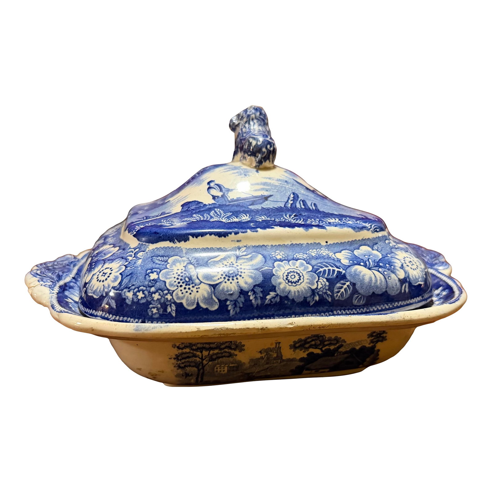 Antique Blue Transfer Decorated Pearlware Covered Vegetable Dish, "Wild Rose" Pattern, Circa 183 (1 of 12)