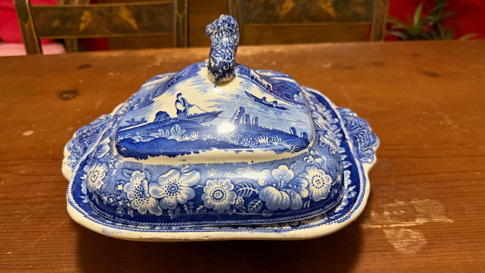 Antique Blue Transfer Decorated Pearlware Covered Vegetable Dish, "Wild Rose" Pattern, Circa 183 - 2