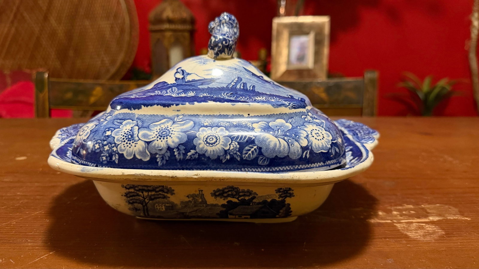 Antique Blue Transfer Decorated Pearlware Covered Vegetable Dish, "Wild Rose" Pattern, Circa 183 - 3