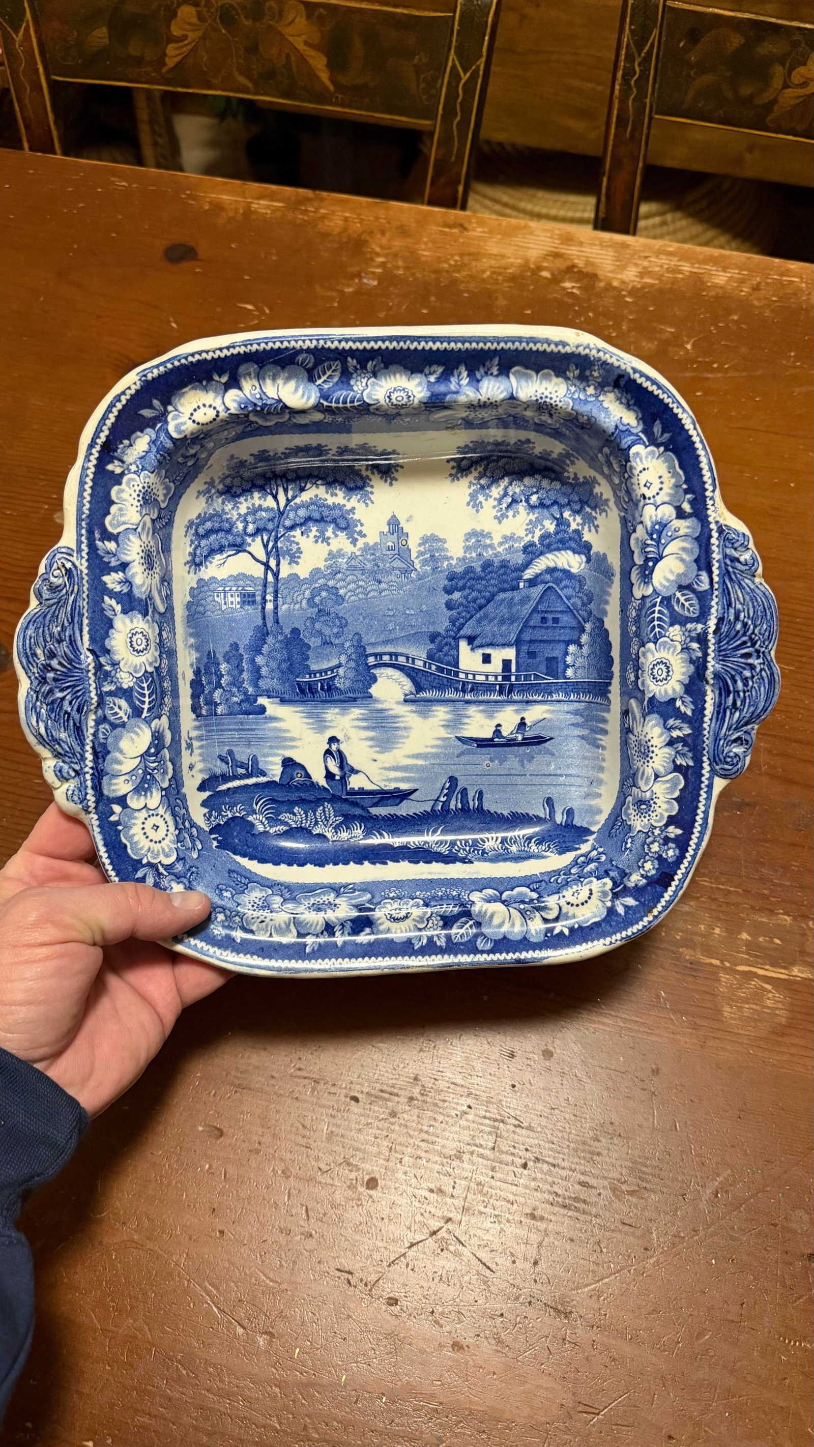 Antique Blue Transfer Decorated Pearlware Covered Vegetable Dish, "Wild Rose" Pattern, Circa 183 - 4
