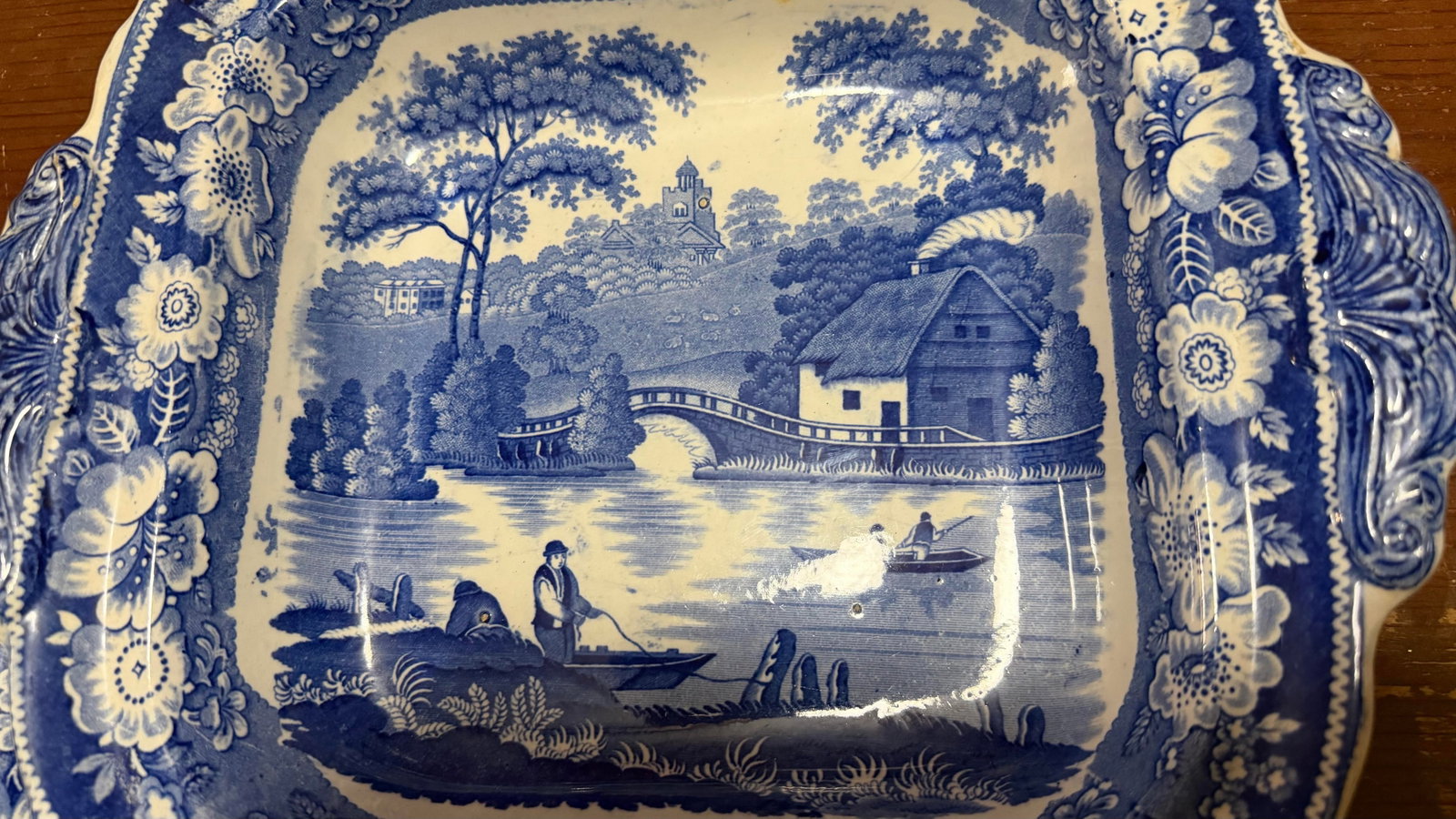 Antique Blue Transfer Decorated Pearlware Covered Vegetable Dish, "Wild Rose" Pattern, Circa 183 - 8