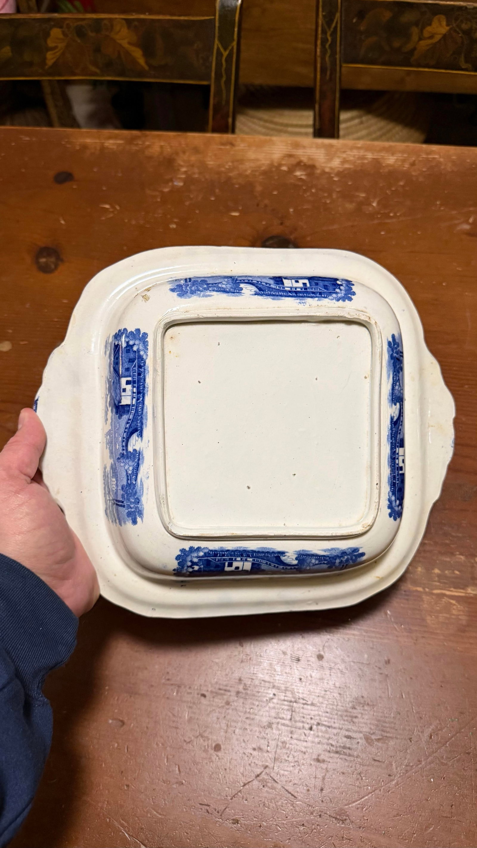 Antique Blue Transfer Decorated Pearlware Covered Vegetable Dish, "Wild Rose" Pattern, Circa 183 - 9
