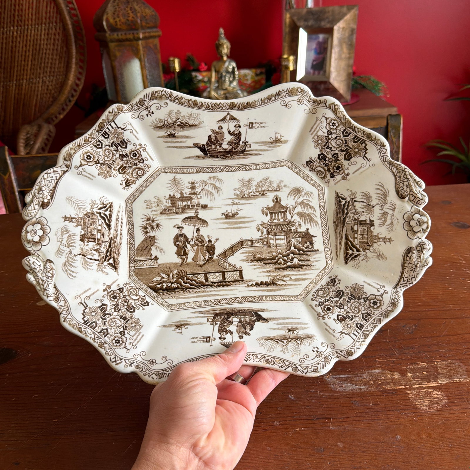 A Antique Brown Transfer Decorated Staffordshire Platter, "Nankin" by Dimmock, Circa 1830's - 10