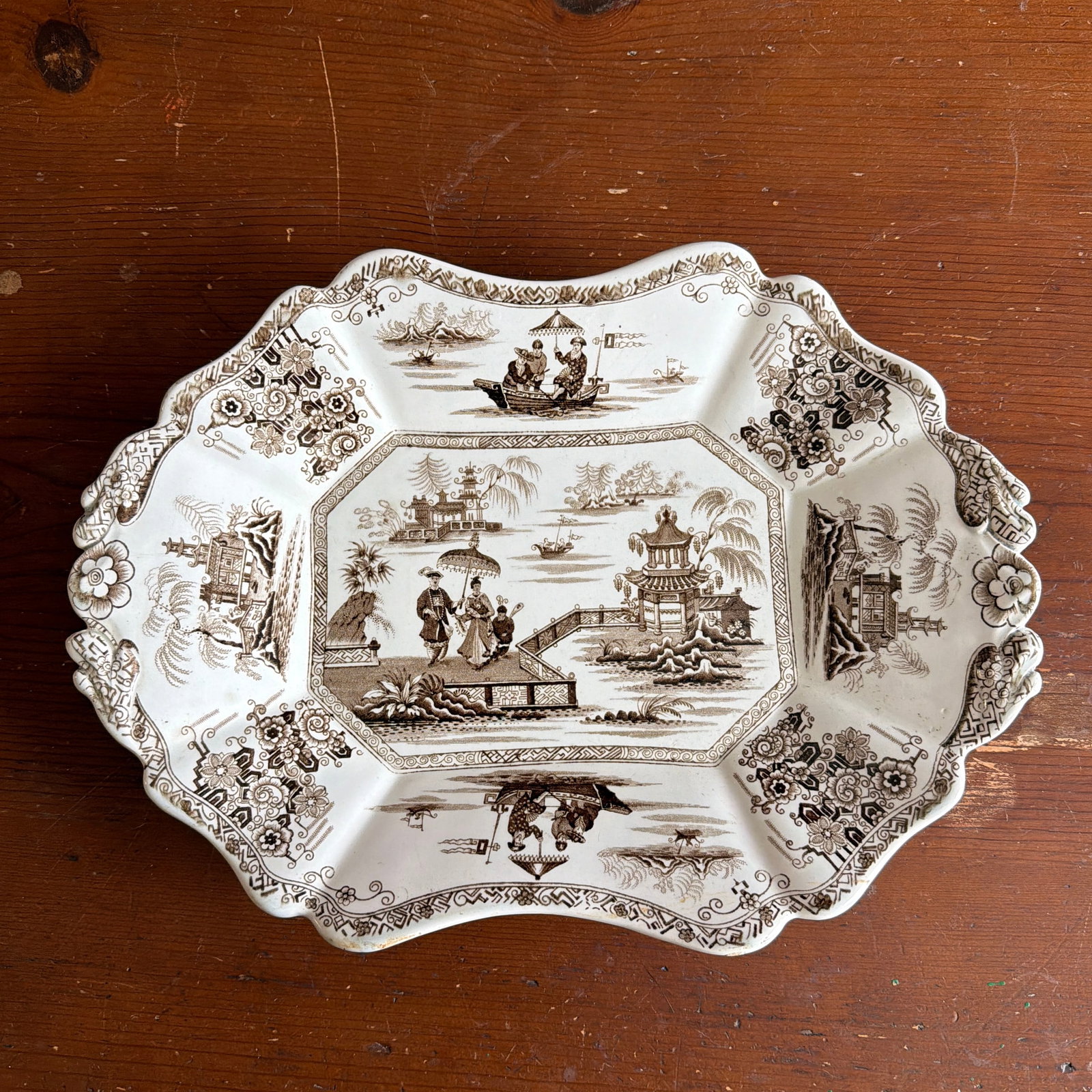 A Antique Brown Transfer Decorated Staffordshire Platter, "Nankin" by Dimmock, Circa 1830's - 12