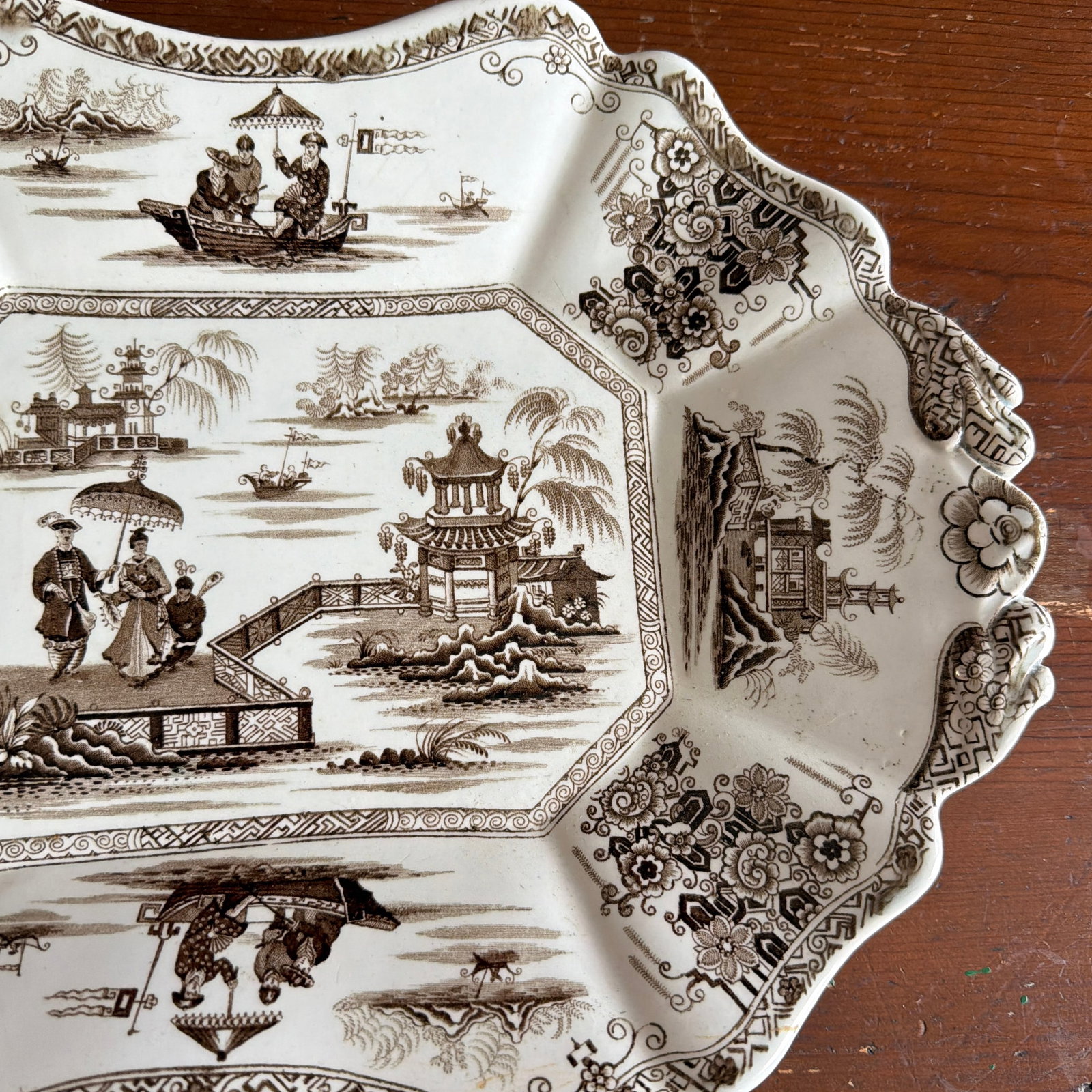 A Antique Brown Transfer Decorated Staffordshire Platter, "Nankin" by Dimmock, Circa 1830's - 4