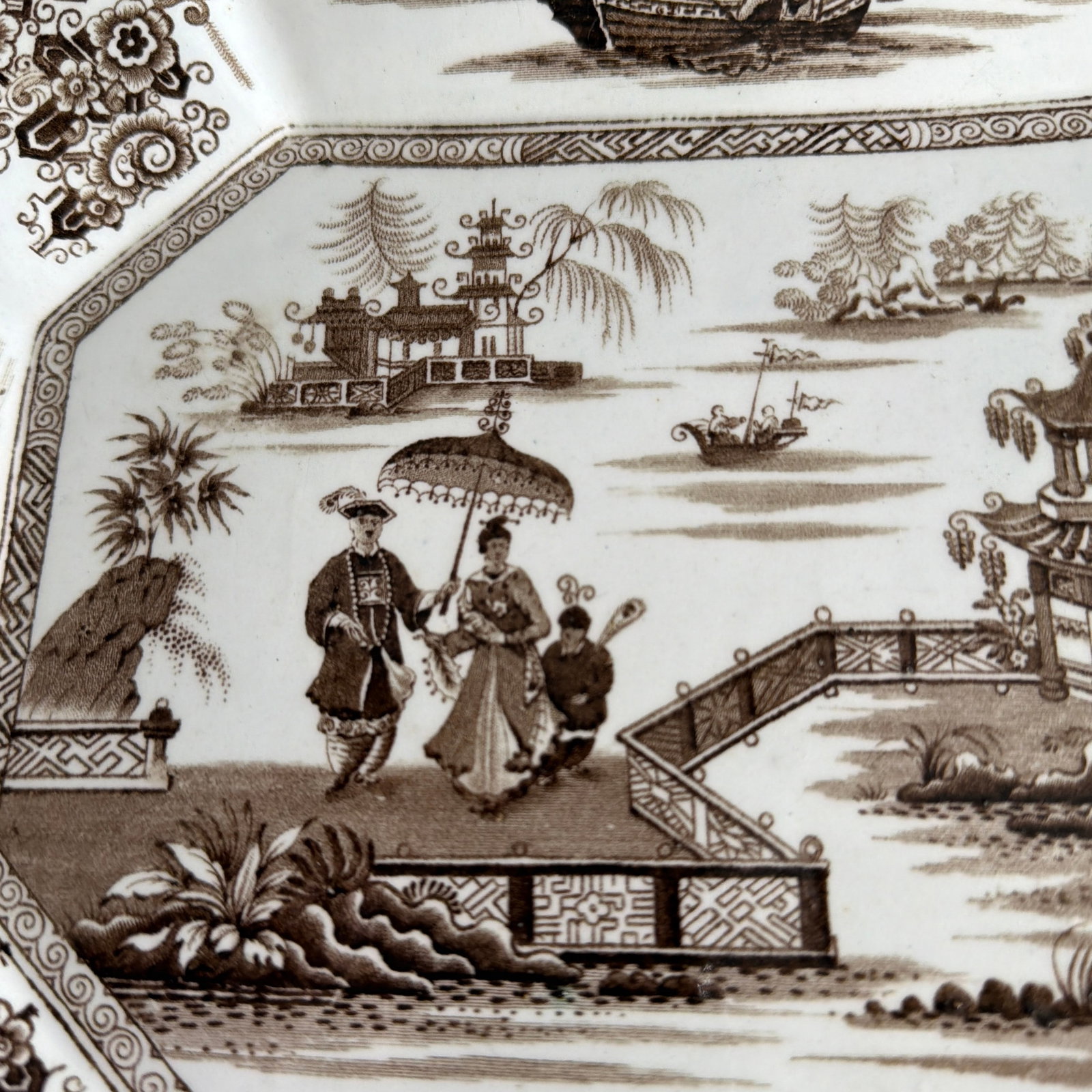 A Antique Brown Transfer Decorated Staffordshire Platter, "Nankin" by Dimmock, Circa 1830's - 6