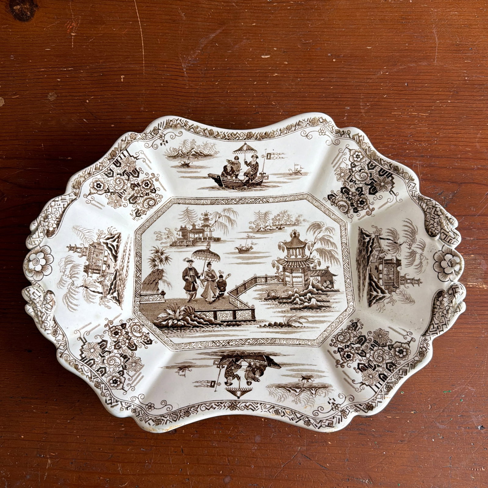 A Antique Brown Transfer Decorated Staffordshire Platter, "Nankin" by Dimmock, Circa 1830's - 8