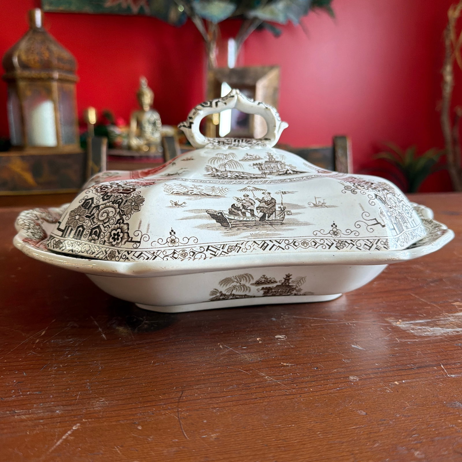 A Antique Brown Transfer Decorated Staffordshire Covered Vegetable Dish, "Nankin" by Dimmock, Ci - 12