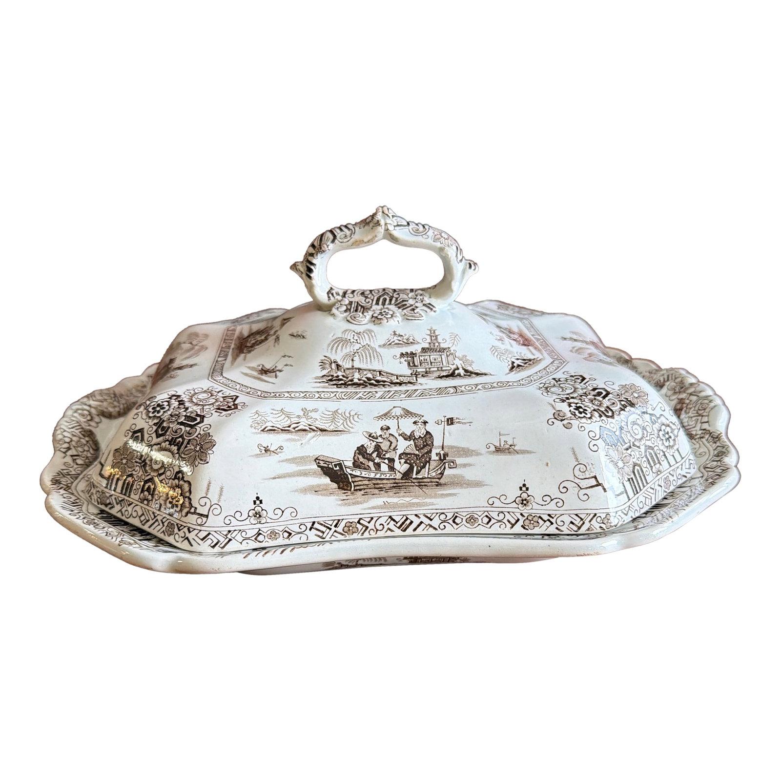 A Antique Brown Transfer Decorated Staffordshire Covered Vegetable Dish, "Nankin" by Dimmock, Ci (1 of 12)