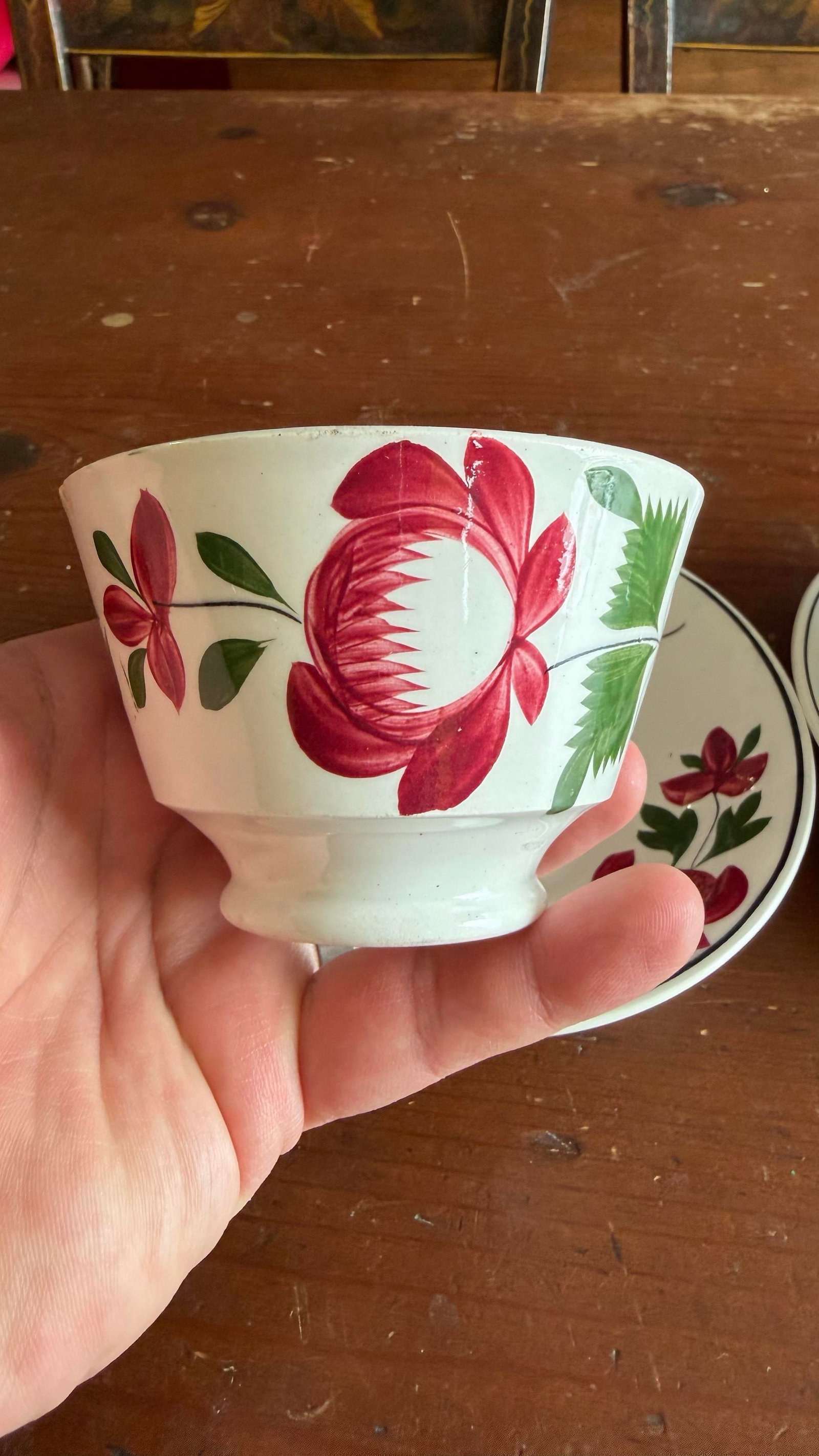 A Very Nice Pair of Antique Staffordshire Early Adam's Rose Cup & Saucer, Circa 1830 - 5