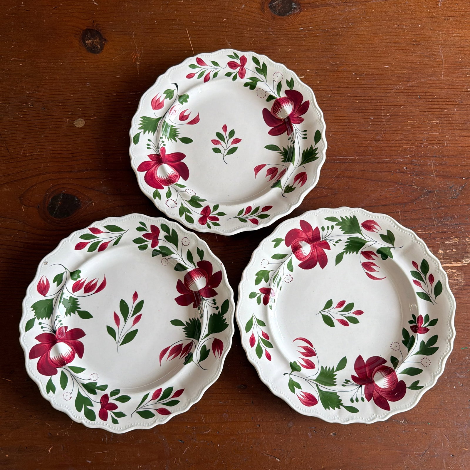 A Very Nice Set of 3 of Antique Staffordshire Early Adam's Rose Plates, Circa 1830 - 12