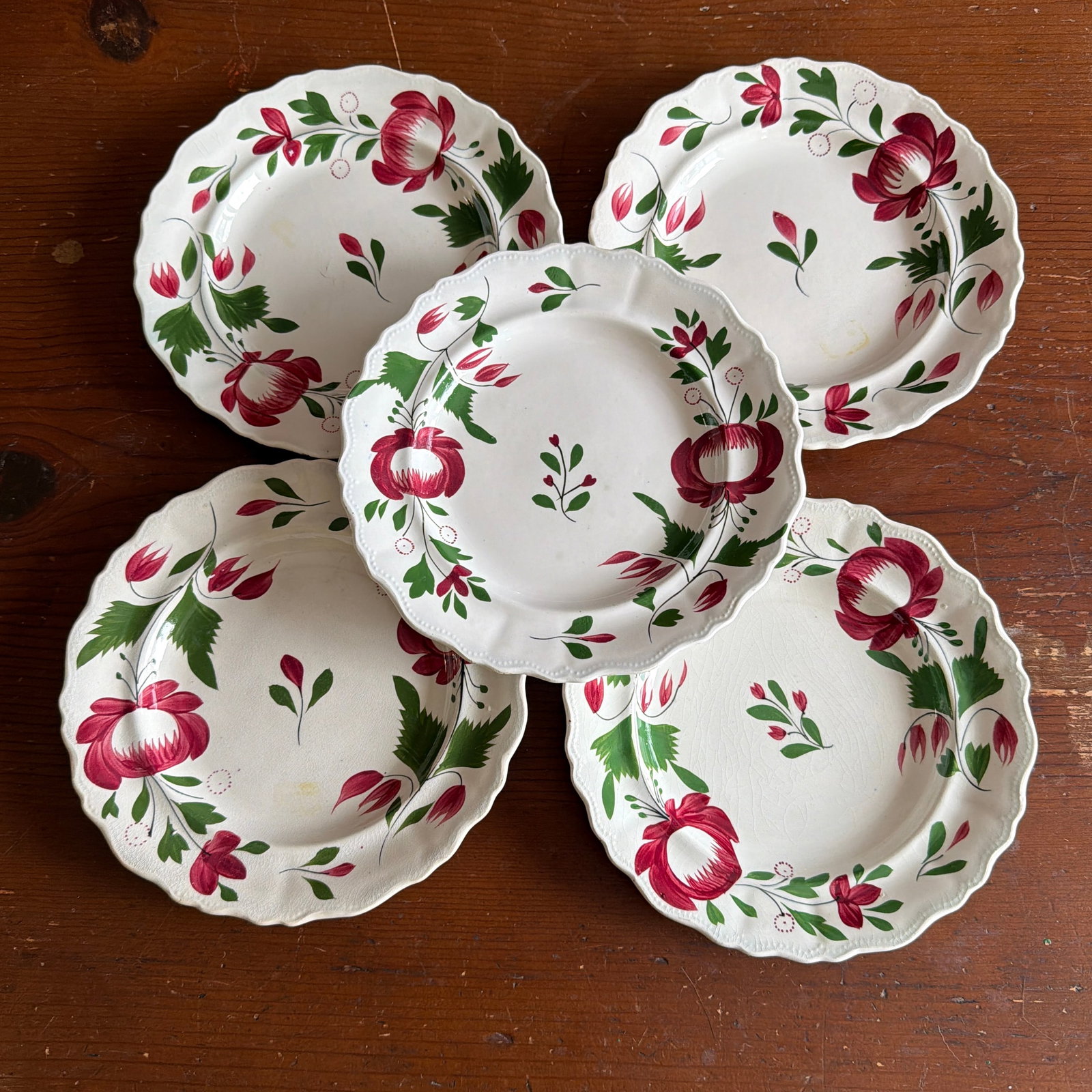 A Very Nice Set of 5 of Antique Staffordshire Early Adam's Rose Plates, Circa 1830 - 11