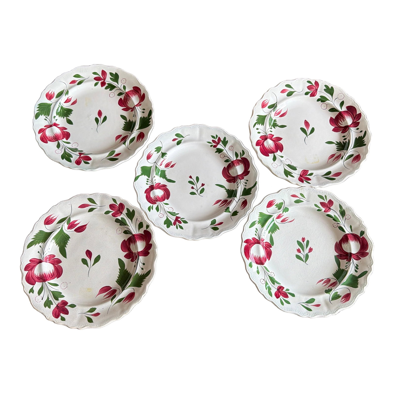 A Very Nice Set of 5 of Antique Staffordshire Early Adam's Rose Plates, Circa 1830 (1 of 12)