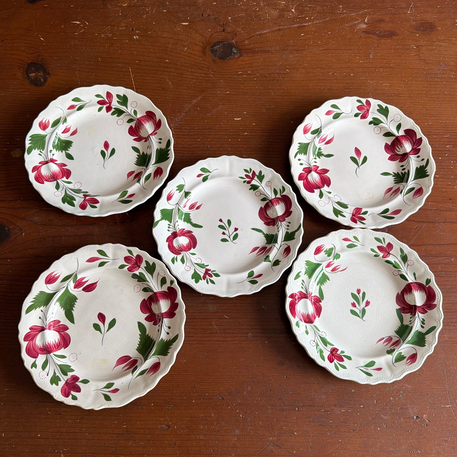 A Very Nice Set of 5 of Antique Staffordshire Early Adam's Rose Plates, Circa 1830 - 7
