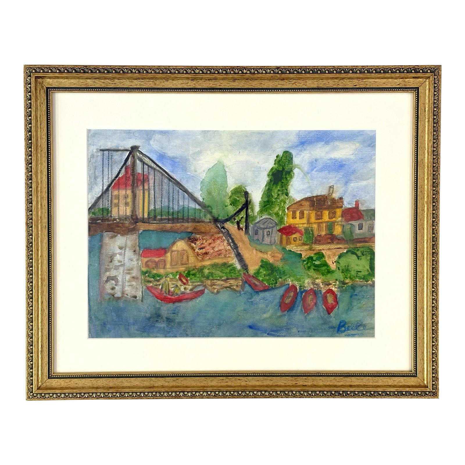 Original Signed and Framed Primitive Mixed Media Drawing Signed 'Belle': Colorful original mixed media drawing on paper signed 'Belle' in the lower right corner. It is completed in a primitive folk art style using watercolor, pencil, and conte crayon mediums. It depicts