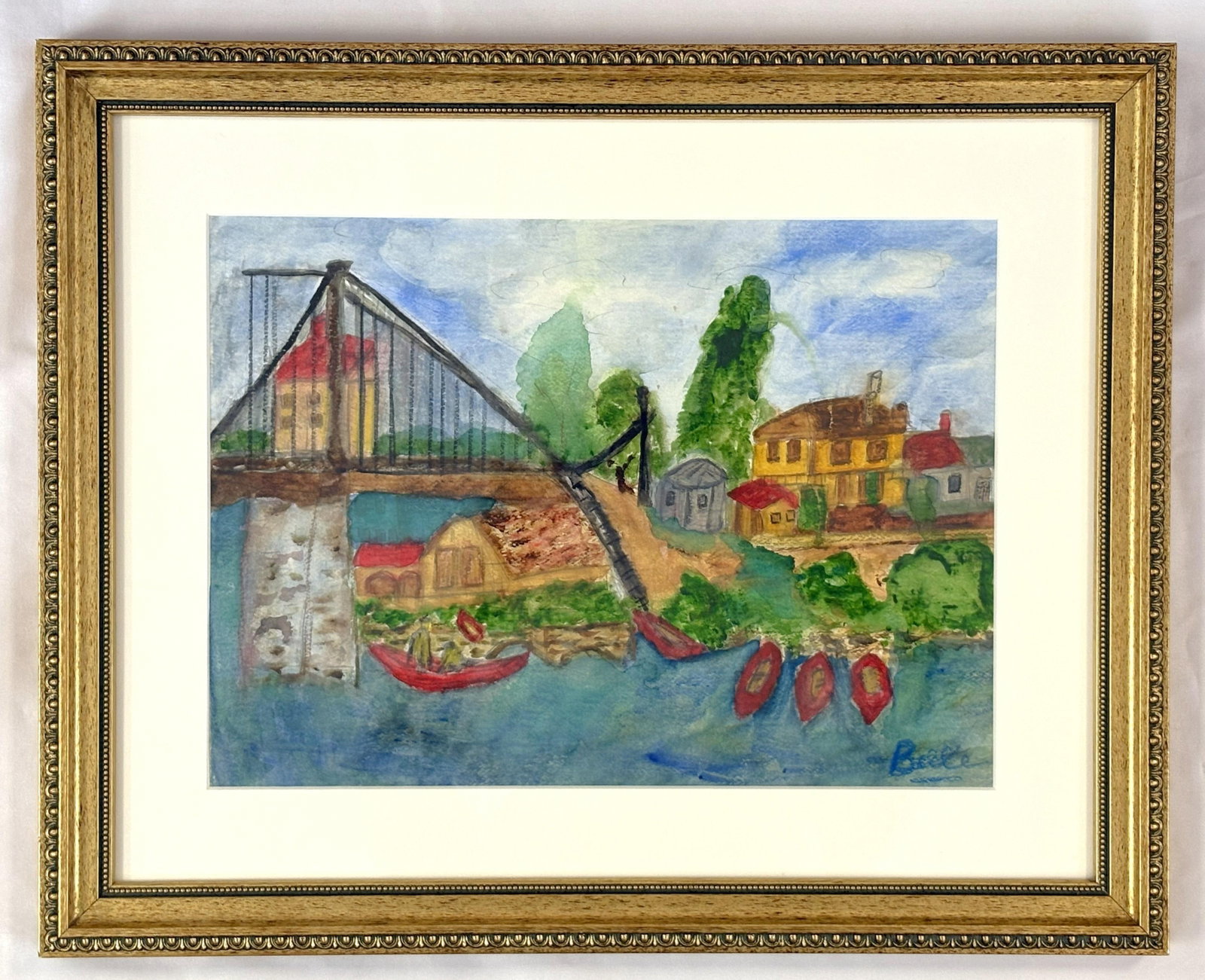 Original Signed and Framed Primitive Mixed Media Drawing Signed 'Belle' - 6