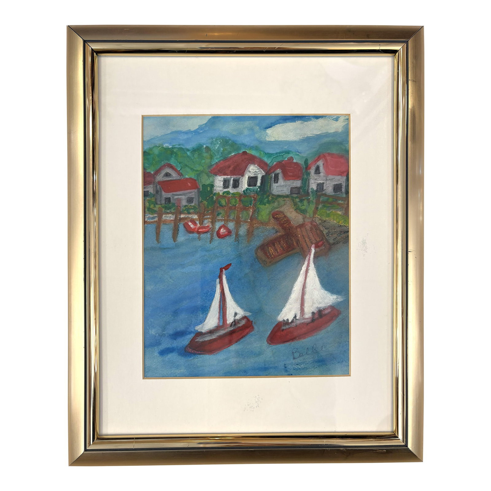 Original Signed and Framed Primitive Mixed Media Drawing Signed 'Belle': Colorful original mixed media drawing on paper signed 'Belle' in the lower right corner. It is completed in a primitive folk art style using watercolor, pencil, and conte crayon mediums. It depicts