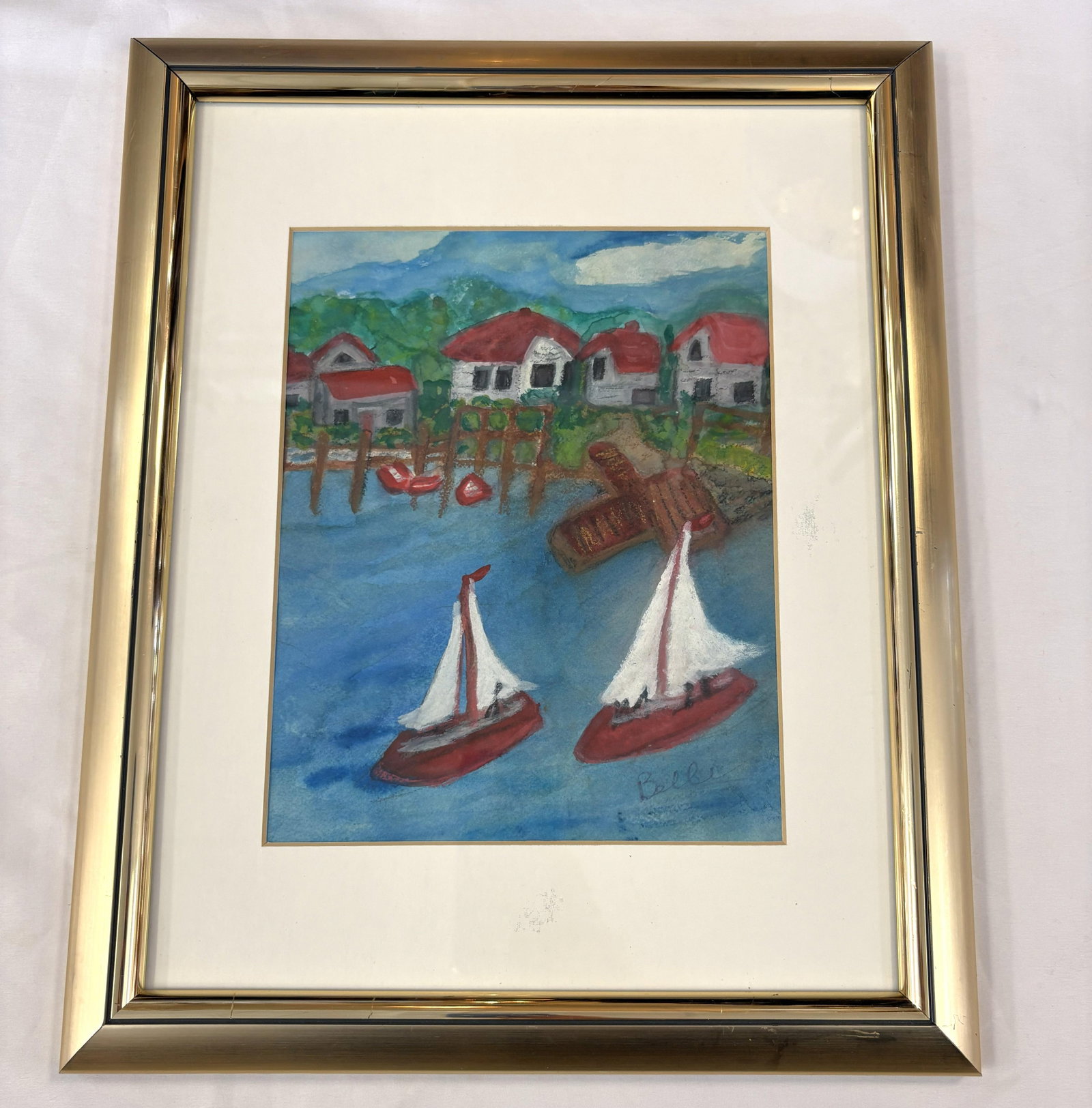 Original Signed and Framed Primitive Mixed Media Drawing Signed 'Belle' - 6
