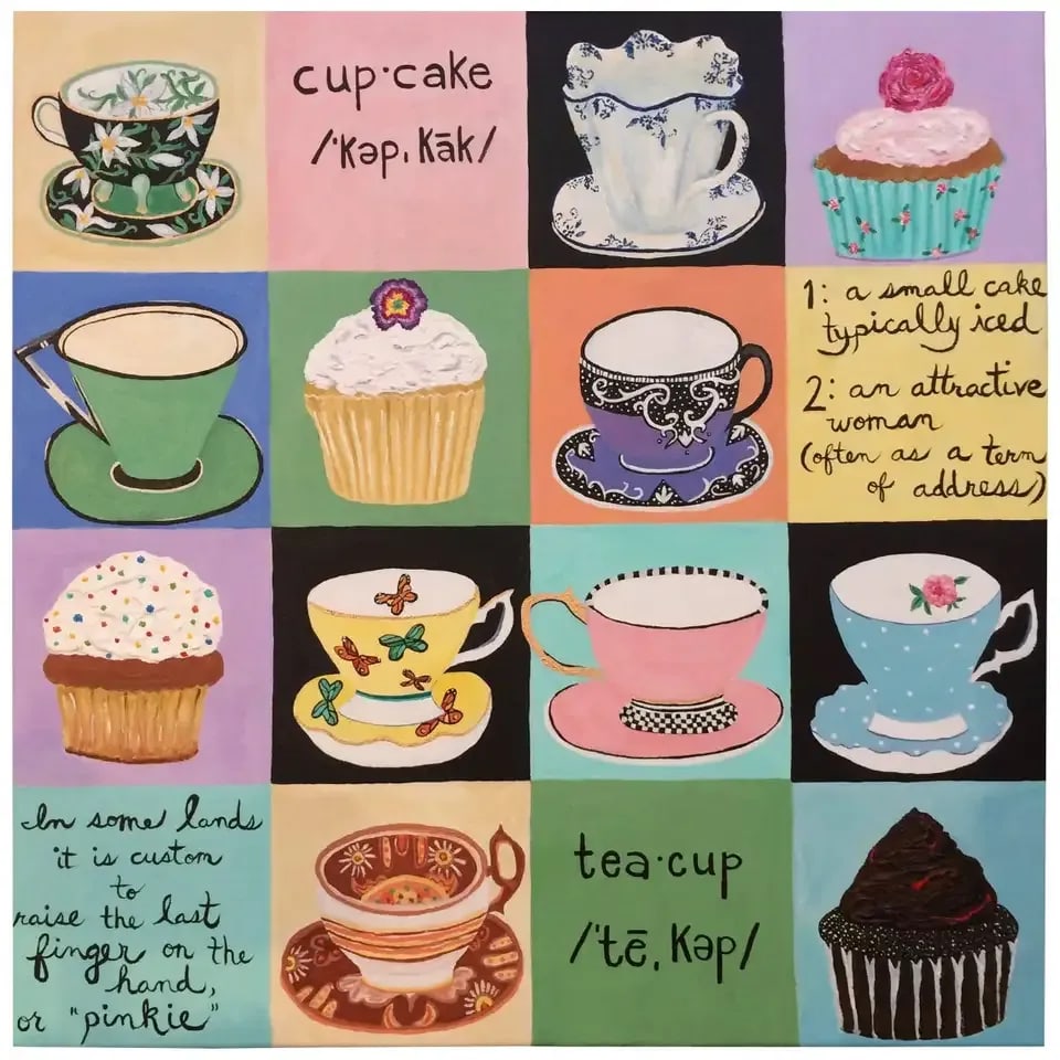 Cupcakes and Teacups Artist Proof on Canvas: Prolific Princeton artist Fay Sciarra's bold and uplifting Artist Proof giclee on canvas, a whimsical collection of ice cream colored cupcakes and teacups with clever bits of dictionary definitions