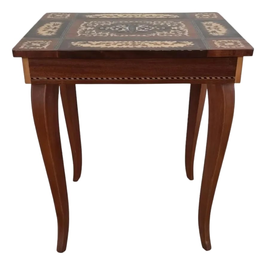 Vintage Italian Marquetry Inlay Reuge Music Box Jewelry Table Plays Fascination Waltz: This stunning vintage Italian Sorrento-style marquetry inlay side table features a genuine Reuge Swiss musical movement and a velvet-lined jewelry compartment "” a rare combination of artistry, 
