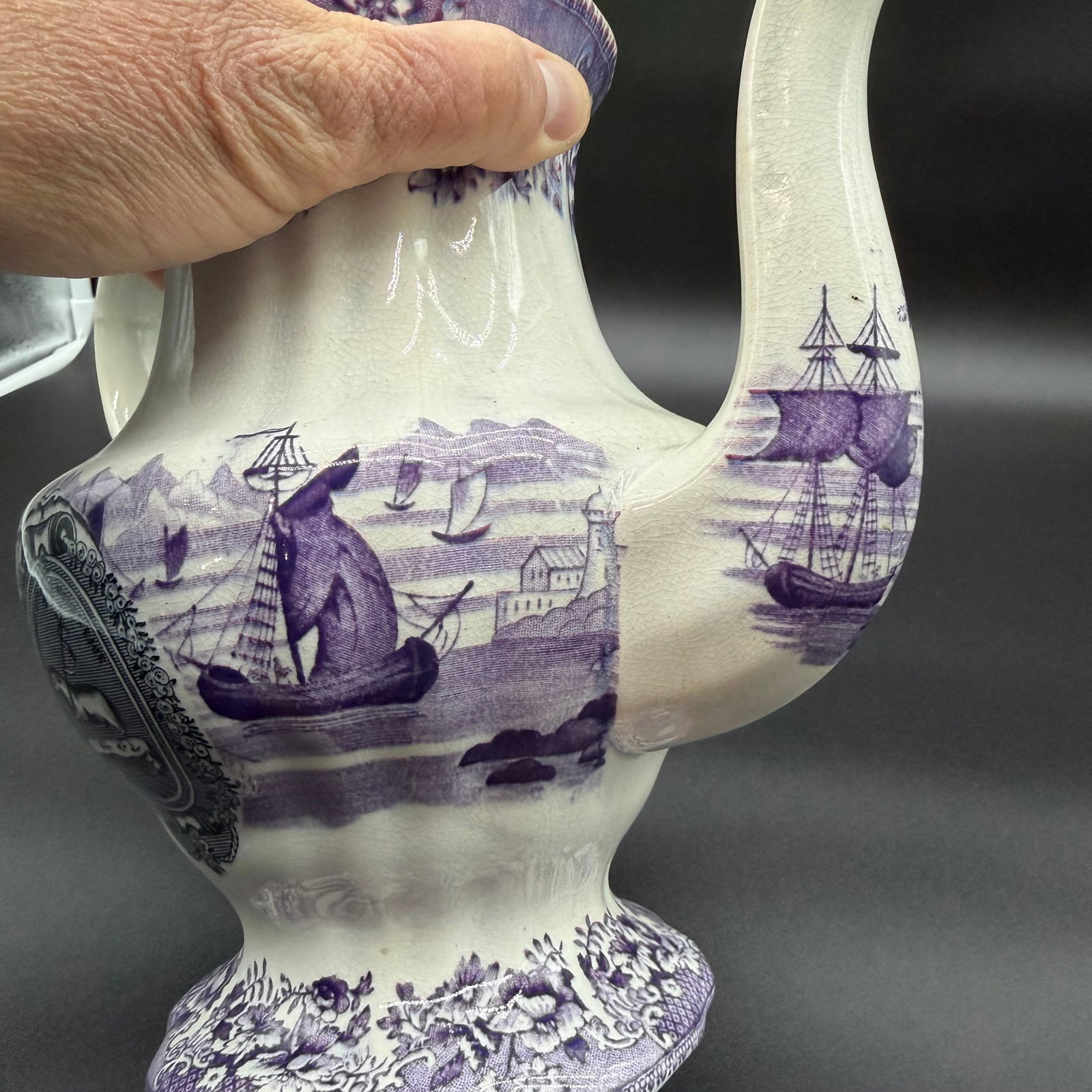 A Very Rare and Unusual Purple and Gray Transferware Decorated Coffeepot, Circa 1830's - 11