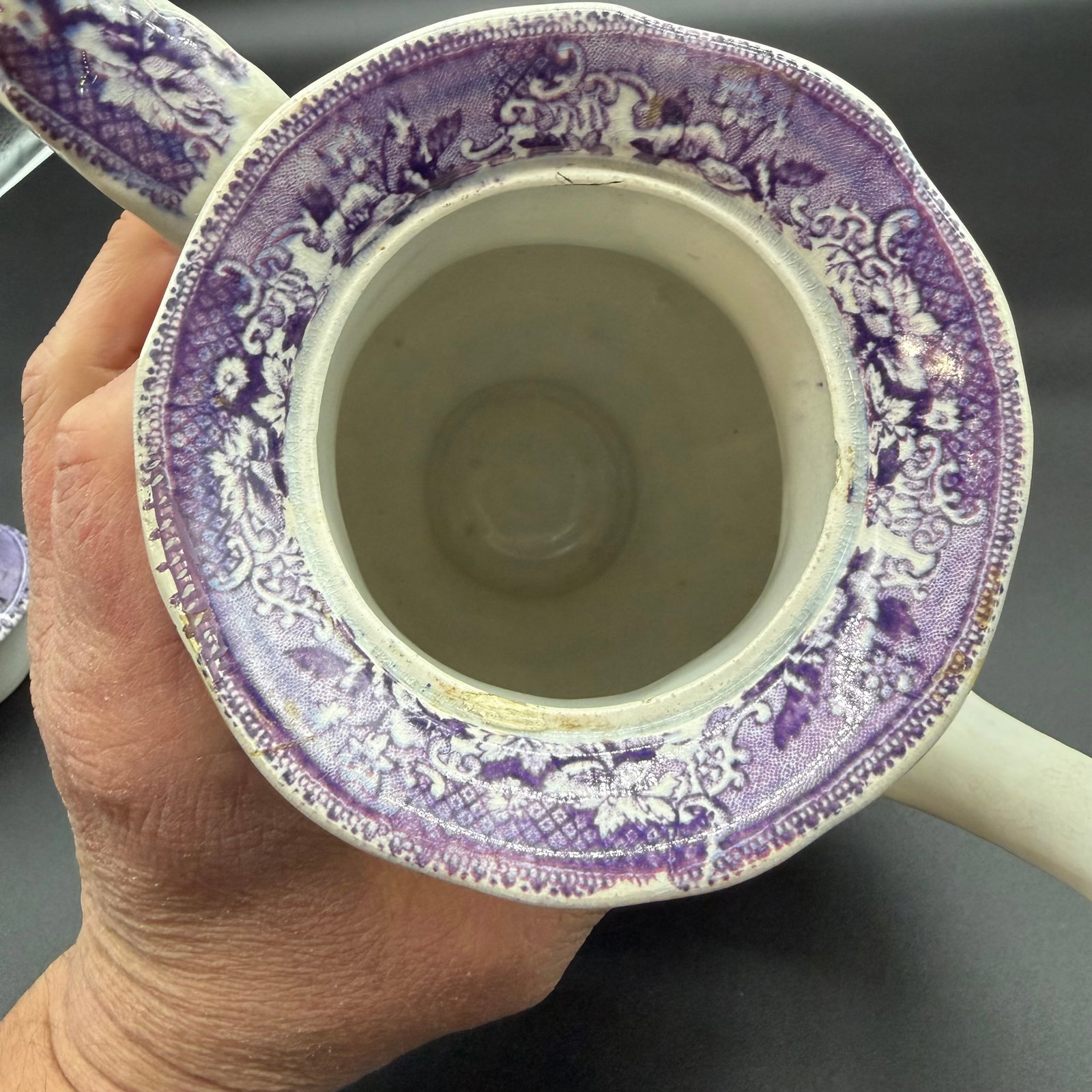 A Very Rare and Unusual Purple and Gray Transferware Decorated Coffeepot, Circa 1830's - 12