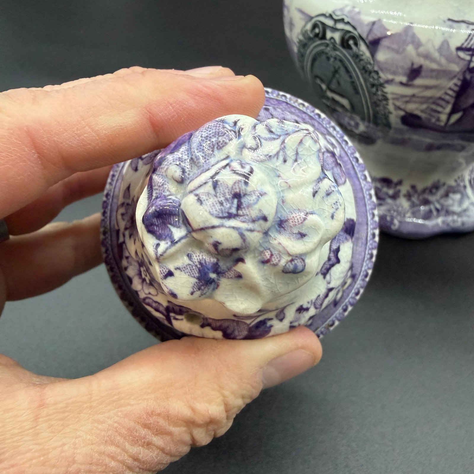 A Very Rare and Unusual Purple and Gray Transferware Decorated Coffeepot, Circa 1830's - 18