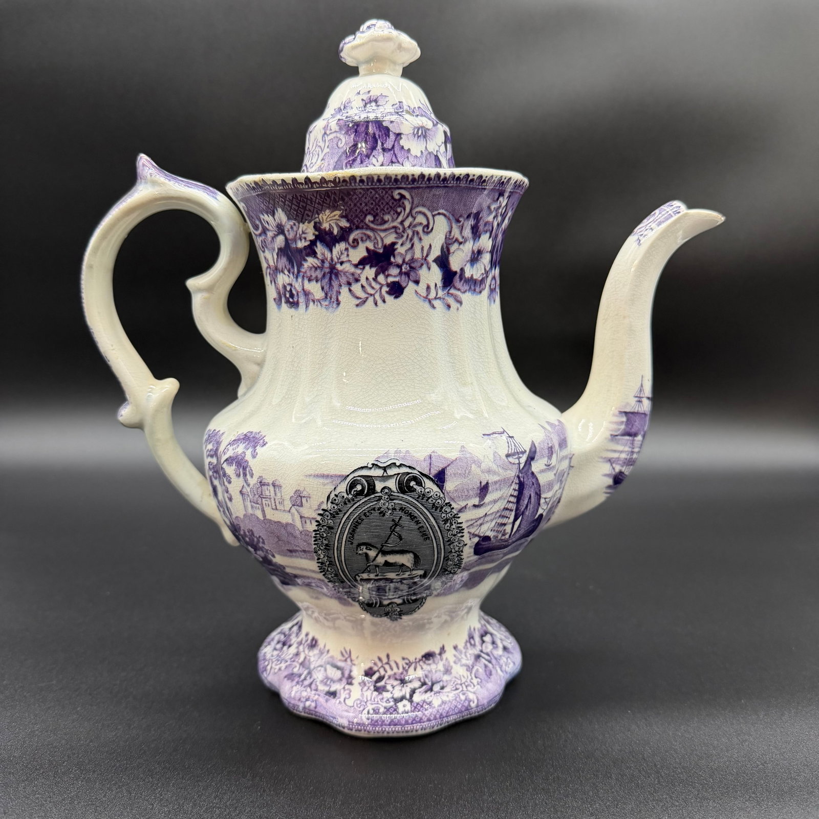 A Very Rare and Unusual Purple and Gray Transferware Decorated Coffeepot, Circa 1830's - 2