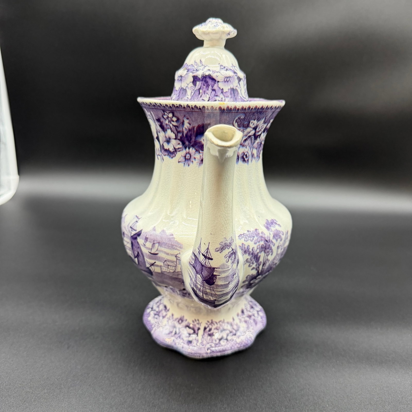A Very Rare and Unusual Purple and Gray Transferware Decorated Coffeepot, Circa 1830's - 4