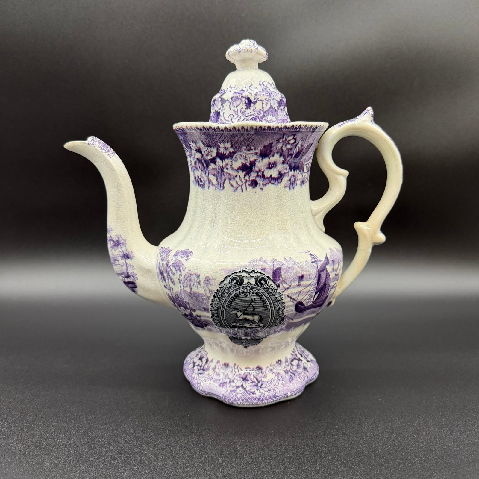 A Very Rare and Unusual Purple and Gray Transferware Decorated Coffeepot, Circa 1830's - 7