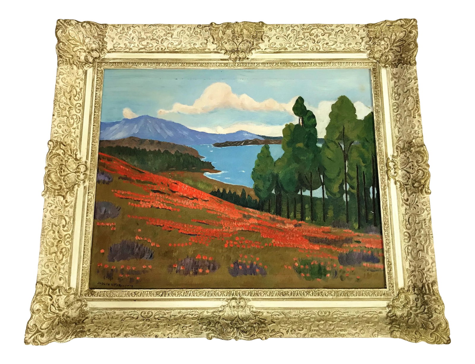 Original California Landscape Oil on Canvas by Joseph A. Marchetti: Stunning original oil painting by Joseph A. Marchetti! The piece depicts a California countryside complete with mountains in the background, glimpses of the ocean, and a field of flowers in the foregr