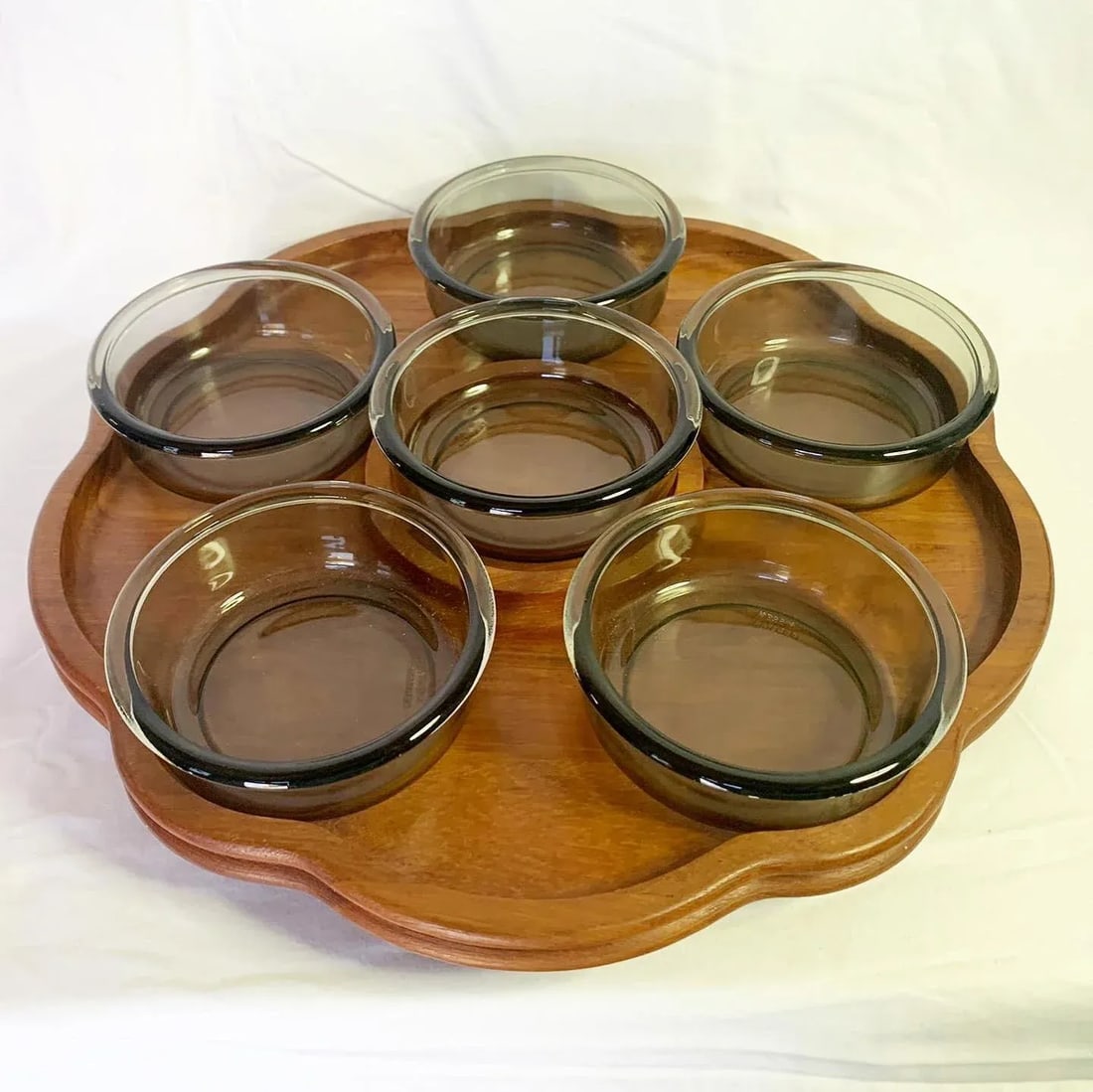 Modernist Quistgaard Denmark Teak Lazy Susan With 9 Matching Smoked Glass Bowls - 10 Pieces - 10