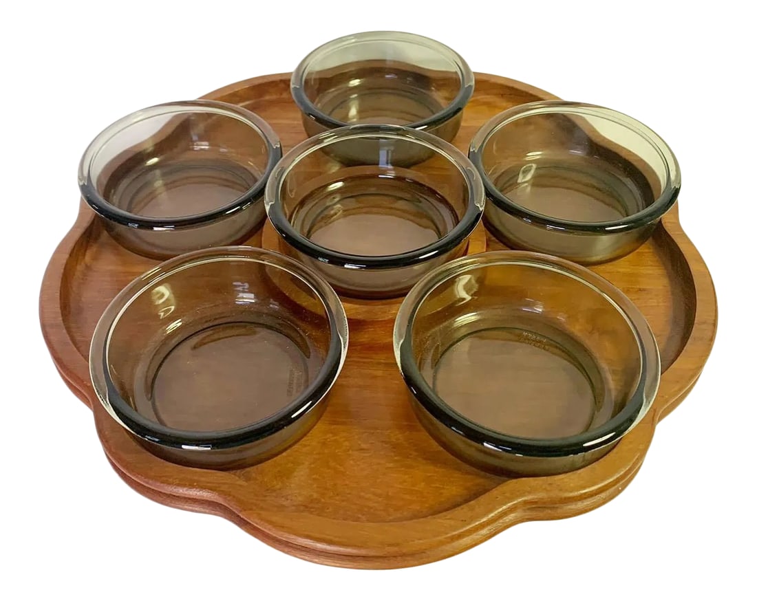 Modernist Quistgaard Denmark Teak Lazy Susan With 9 Matching Smoked Glass Bowls - 10 Pieces: Beautiful Mid-century Modernist Danish Teak Lazy Susan by Nissen of Denmark. This is a fantastic item - the teak is a lovely warm color and in great condition. It spins around very smoothly and is rea