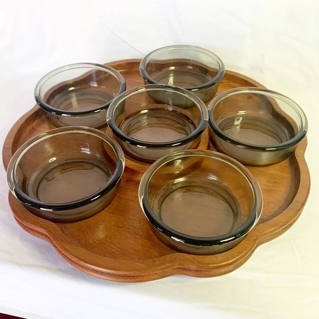 Modernist Quistgaard Denmark Teak Lazy Susan With 9 Matching Smoked Glass Bowls - 10 Pieces - 2