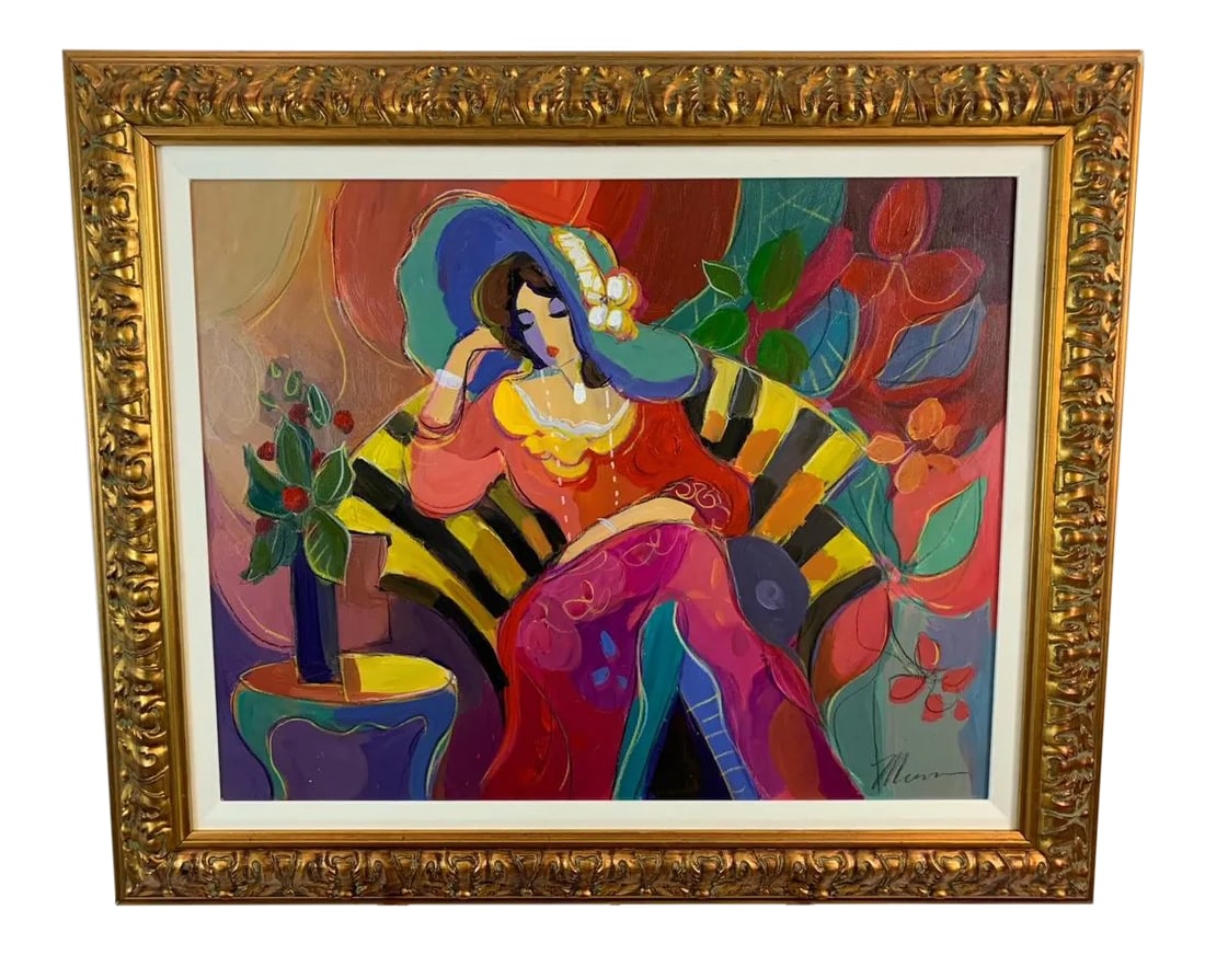 Isaac Maimon Original of Sitting Woman in Yellow & Black Striped Chair: A classically bold colorful painting by Israeli artist Isaac Maimon having one of his stylish Parisian ladies seated in a cafe in a black and yellow striped chair and wearing a big floppy hat. Matted 