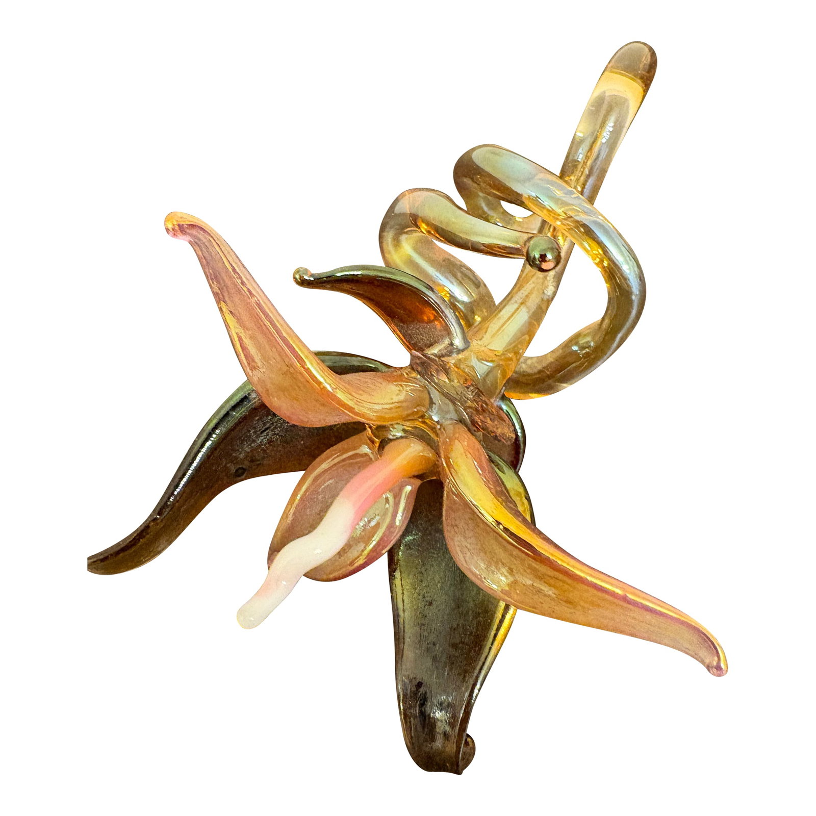 1930s Murano Hand Blown Fall Flower Sculpture: This hand blown glass sculpture, very much in the Murano style tradition, likely Sugguso, mid-late 20th century, around the mid 1960's. It is 3 inches high by 4 inches wide and is 6 inches long. Warm 
