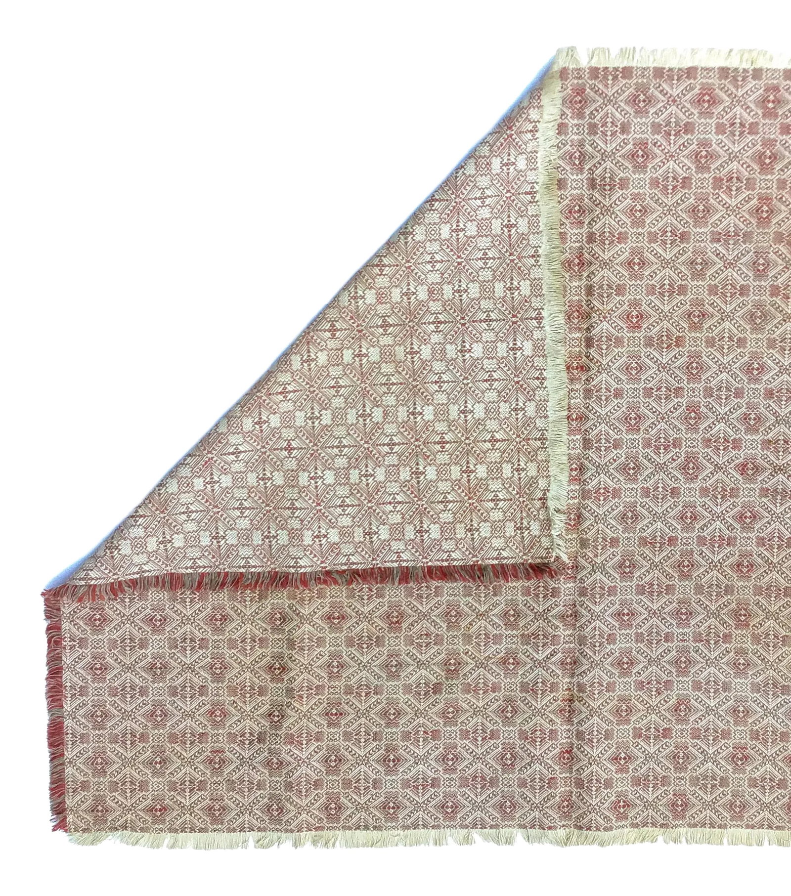 Hand Woven Rustic Vintage Coverlet or Throw: Very traditional design woven with a blend of cotton and wool. Use as a wall hanging or rug. Colors are soft and subtle. The weaving is tight with no runs or snags. Only the fringe has a small