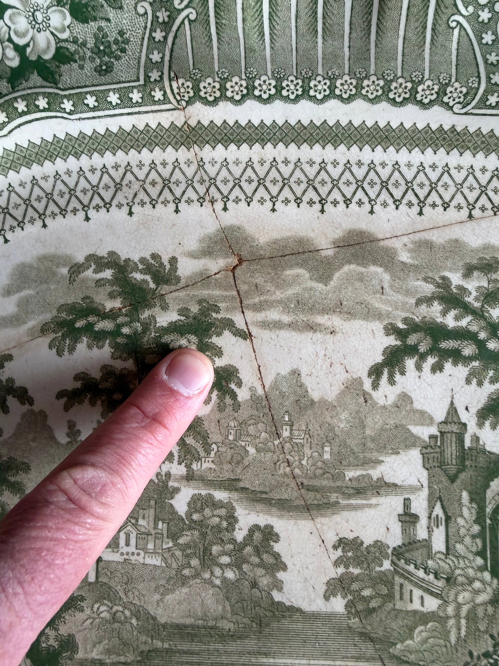 Antique Staffordshire Green Transferware Platter "Cologne" With Staple Repair, Circa 1830's - 2