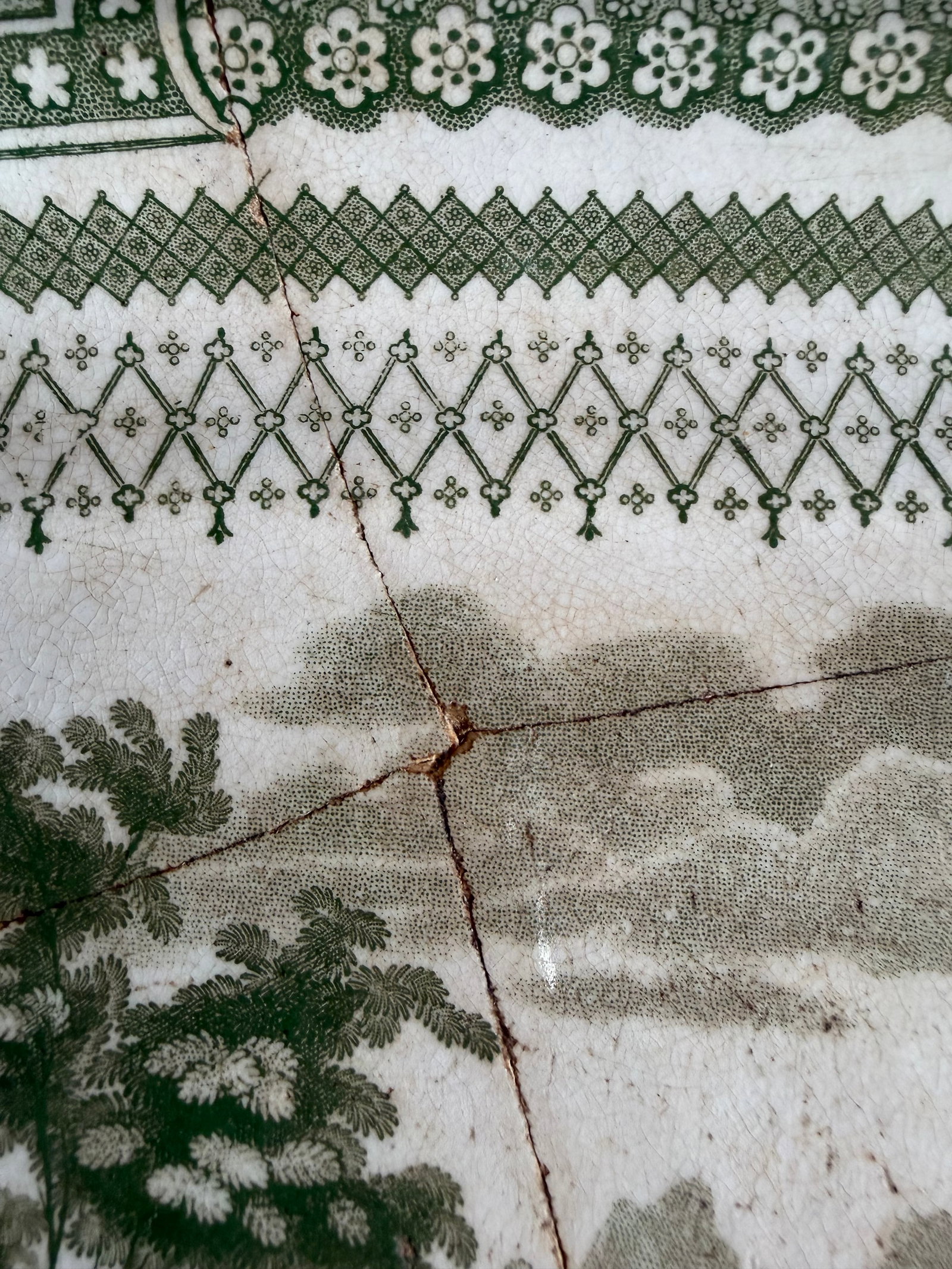Antique Staffordshire Green Transferware Platter "Cologne" With Staple Repair, Circa 1830's - 3