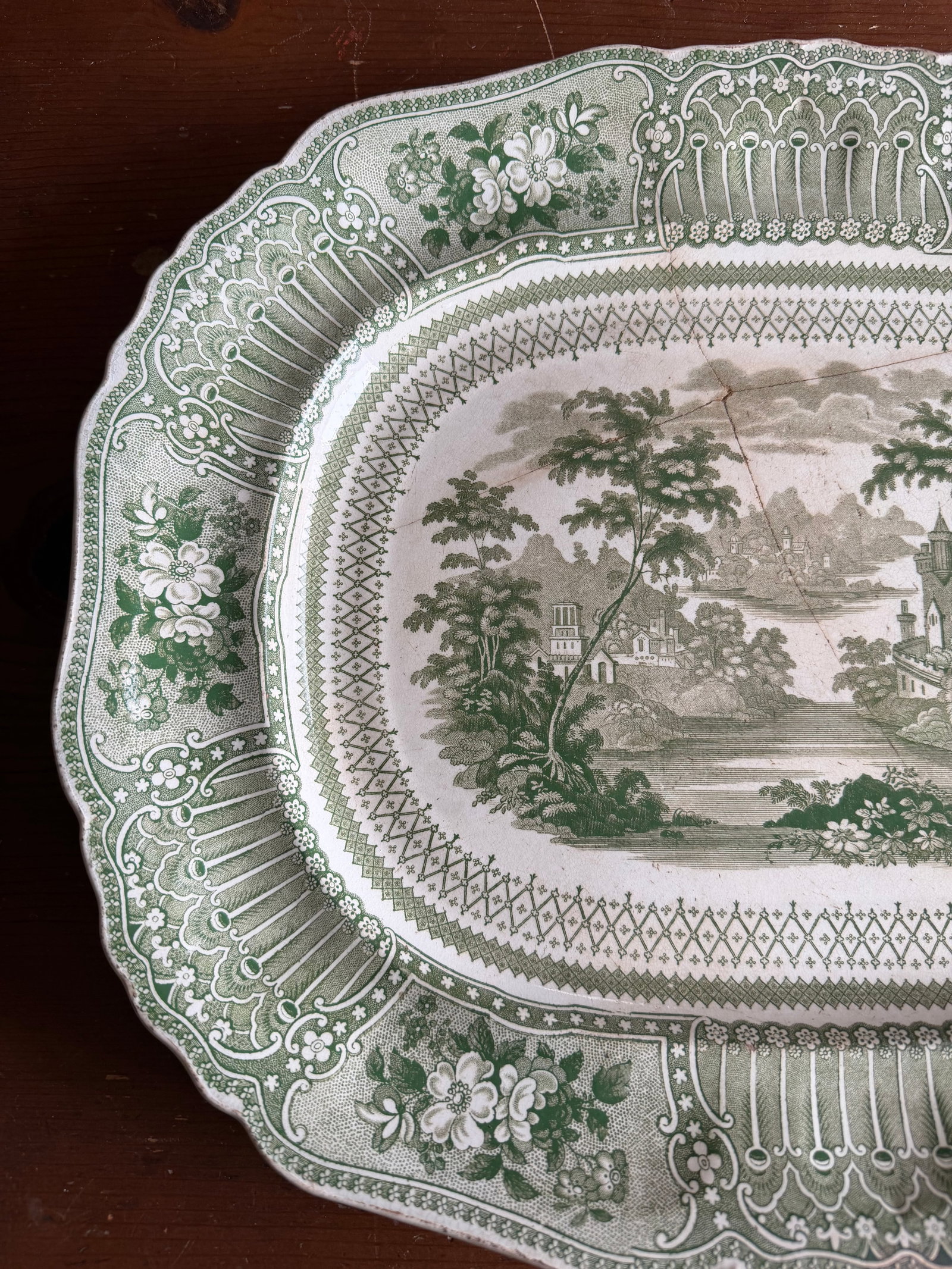 Antique Staffordshire Green Transferware Platter "Cologne" With Staple Repair, Circa 1830's - 4