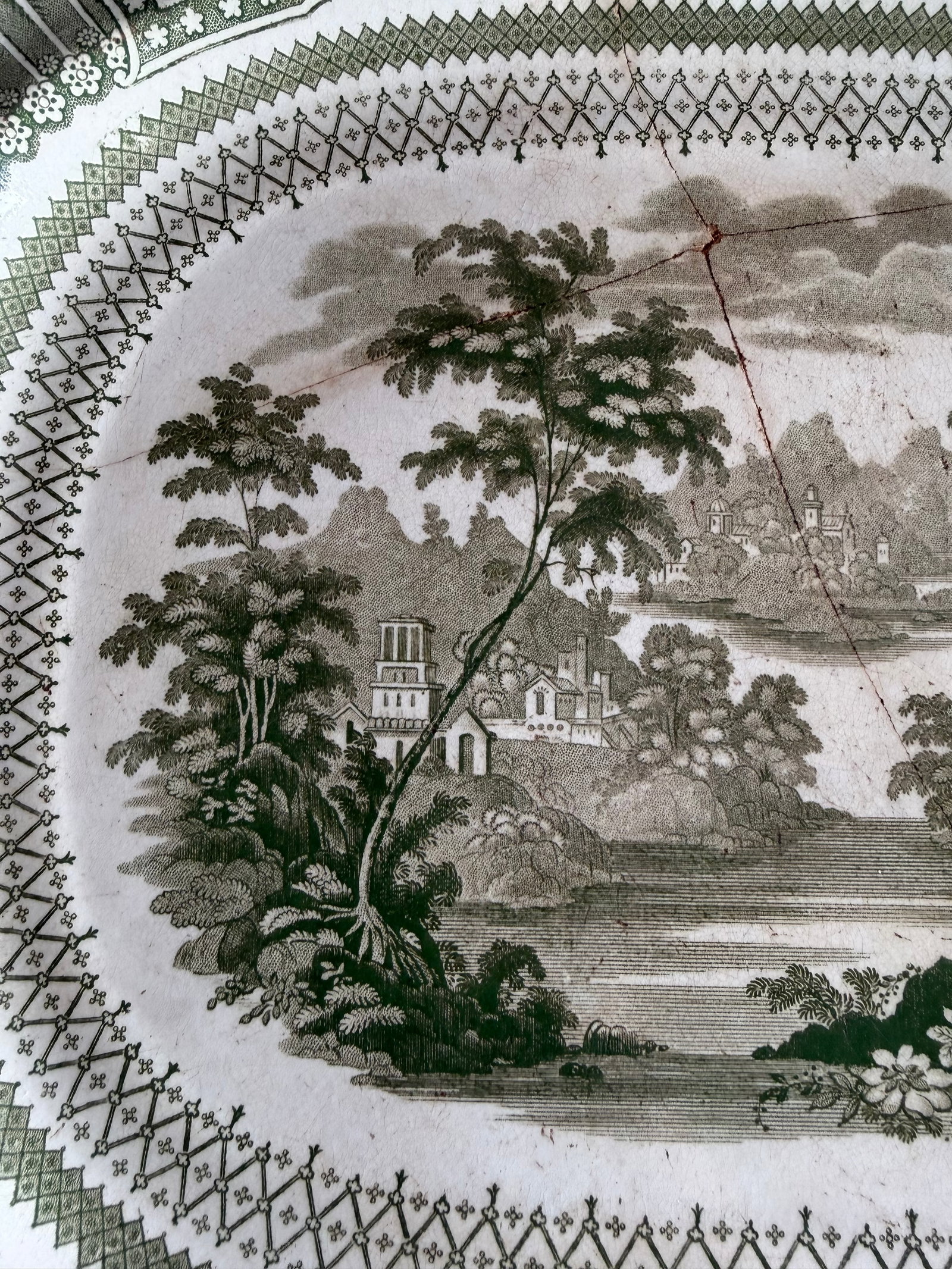 Antique Staffordshire Green Transferware Platter "Cologne" With Staple Repair, Circa 1830's - 5