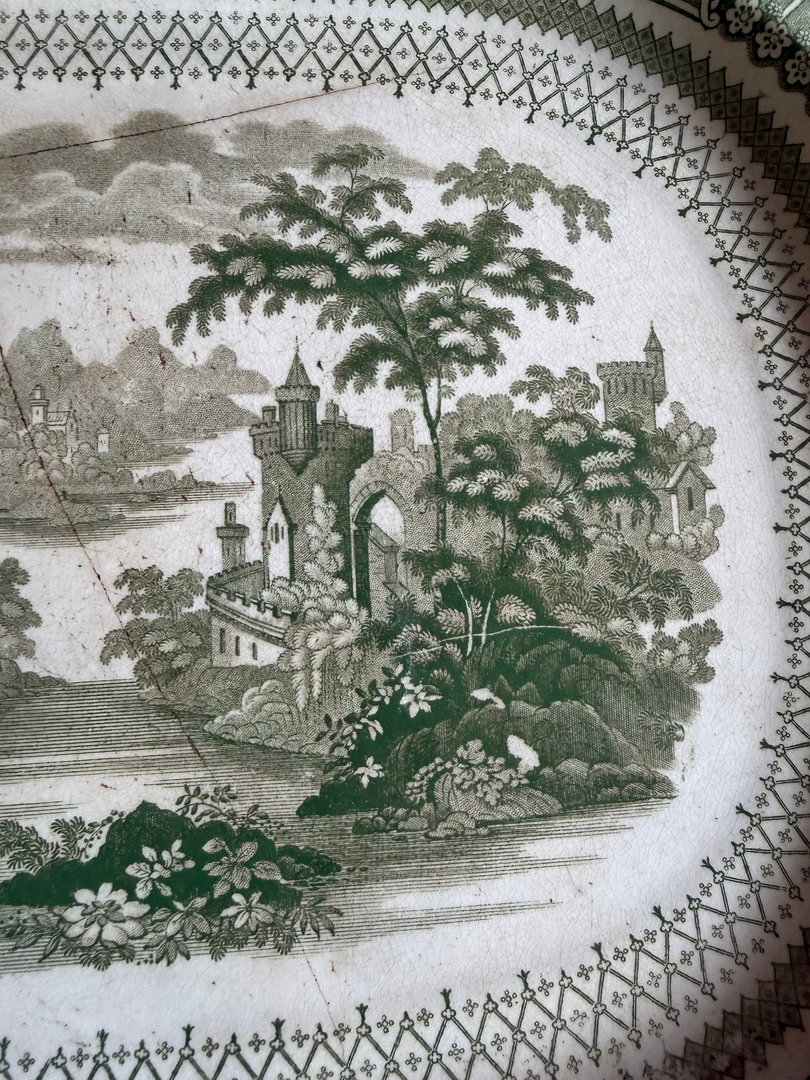 Antique Staffordshire Green Transferware Platter "Cologne" With Staple Repair, Circa 1830's - 6