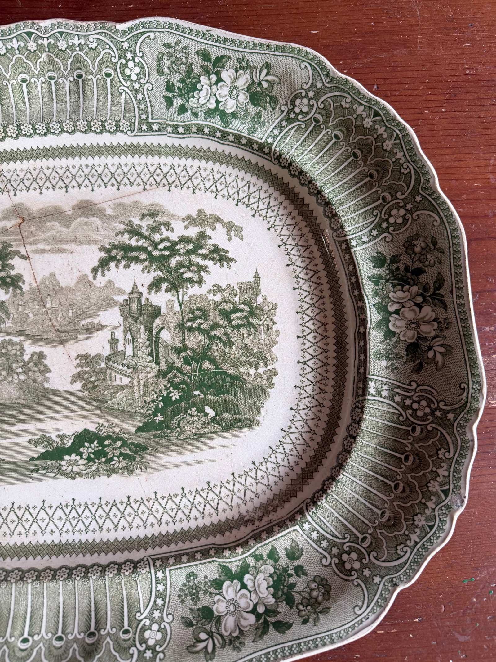 Antique Staffordshire Green Transferware Platter "Cologne" With Staple Repair, Circa 1830's - 7